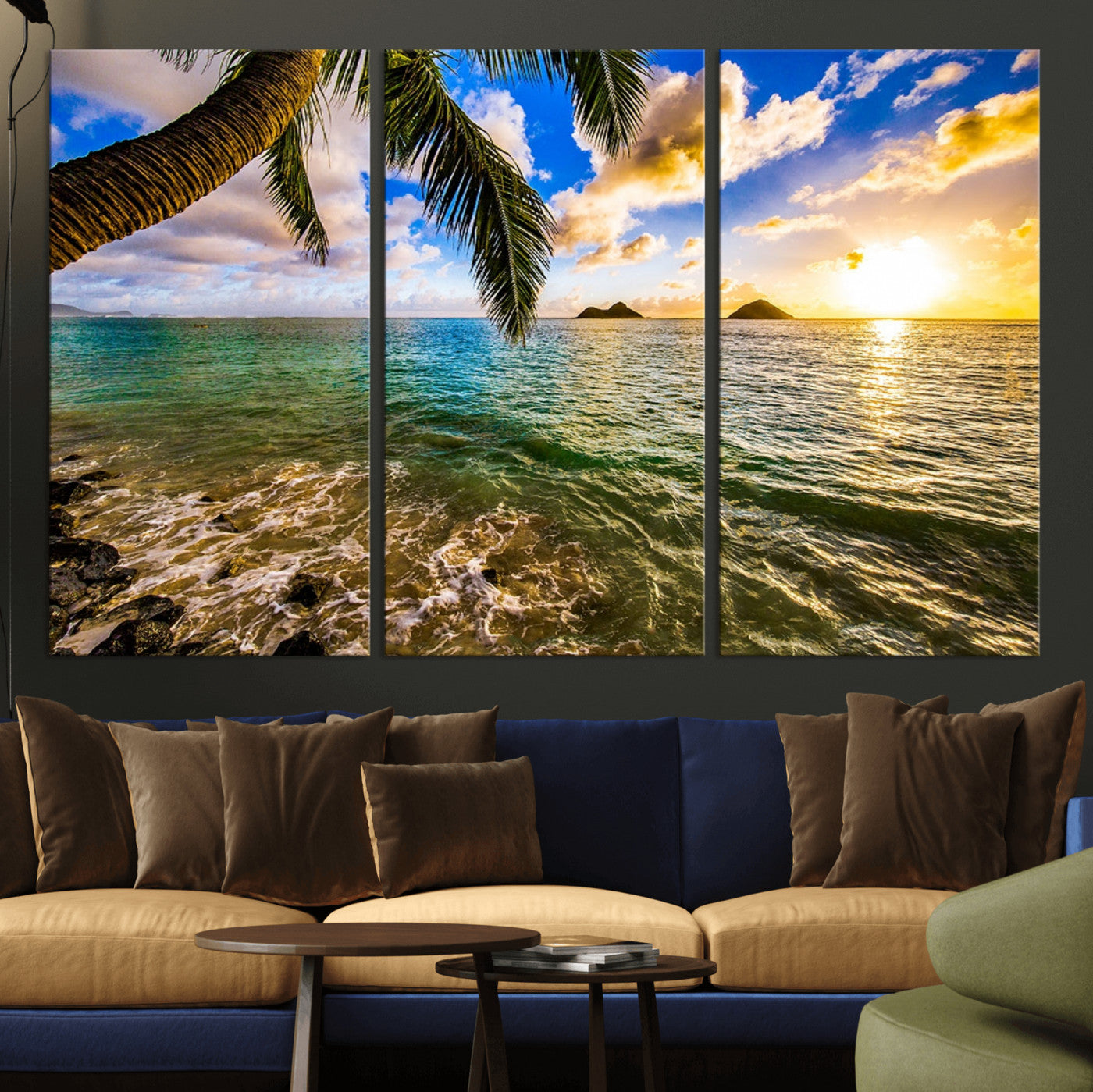 68606-MGV-CV-36X24-Tropical Palm Tree Ocean Wall Art – Sunset Beach Seascape Print, Coastal Paradise Decor for Living Room or Office