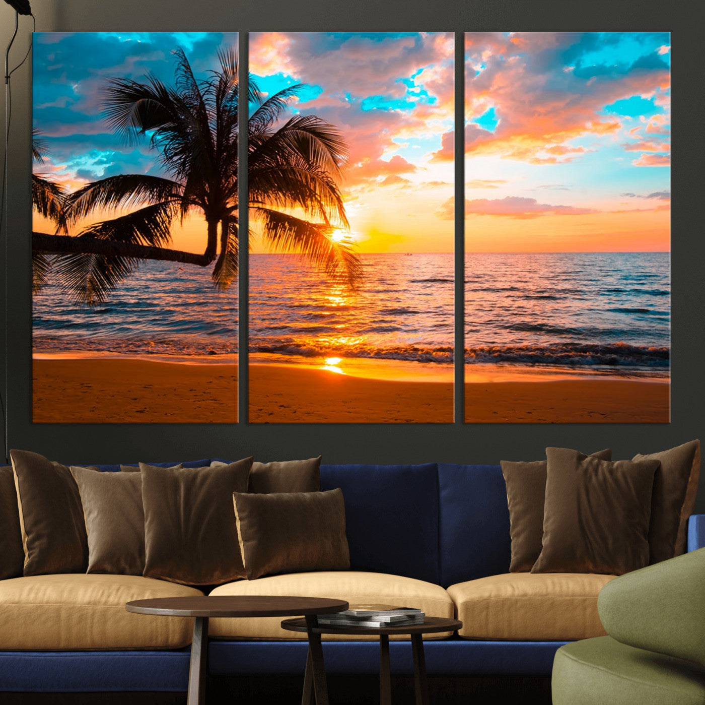 34674-MGV-CV-36X24-Tropical Sunset Beach Wall Art – Palm Tree Ocean Canvas Print, Coastal Seascape Decor for Living Room or Office Wall