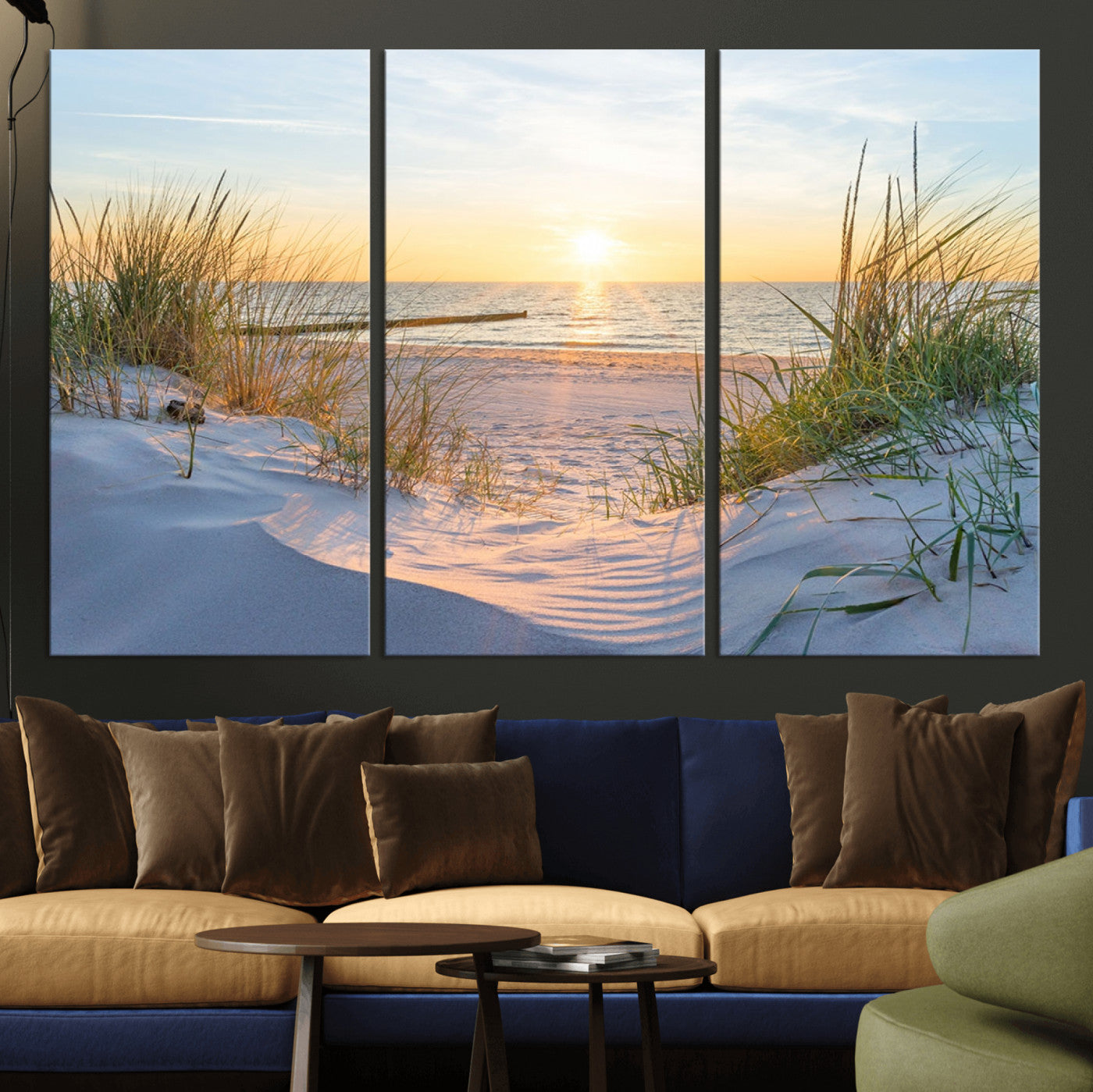 48907-MGV-CV-36X24-Beach Sunset Wall Art – Coastal Sand Dunes and Ocean View Canvas Print, Serene Seaside Landscape Painting for Living Room, Bedroom