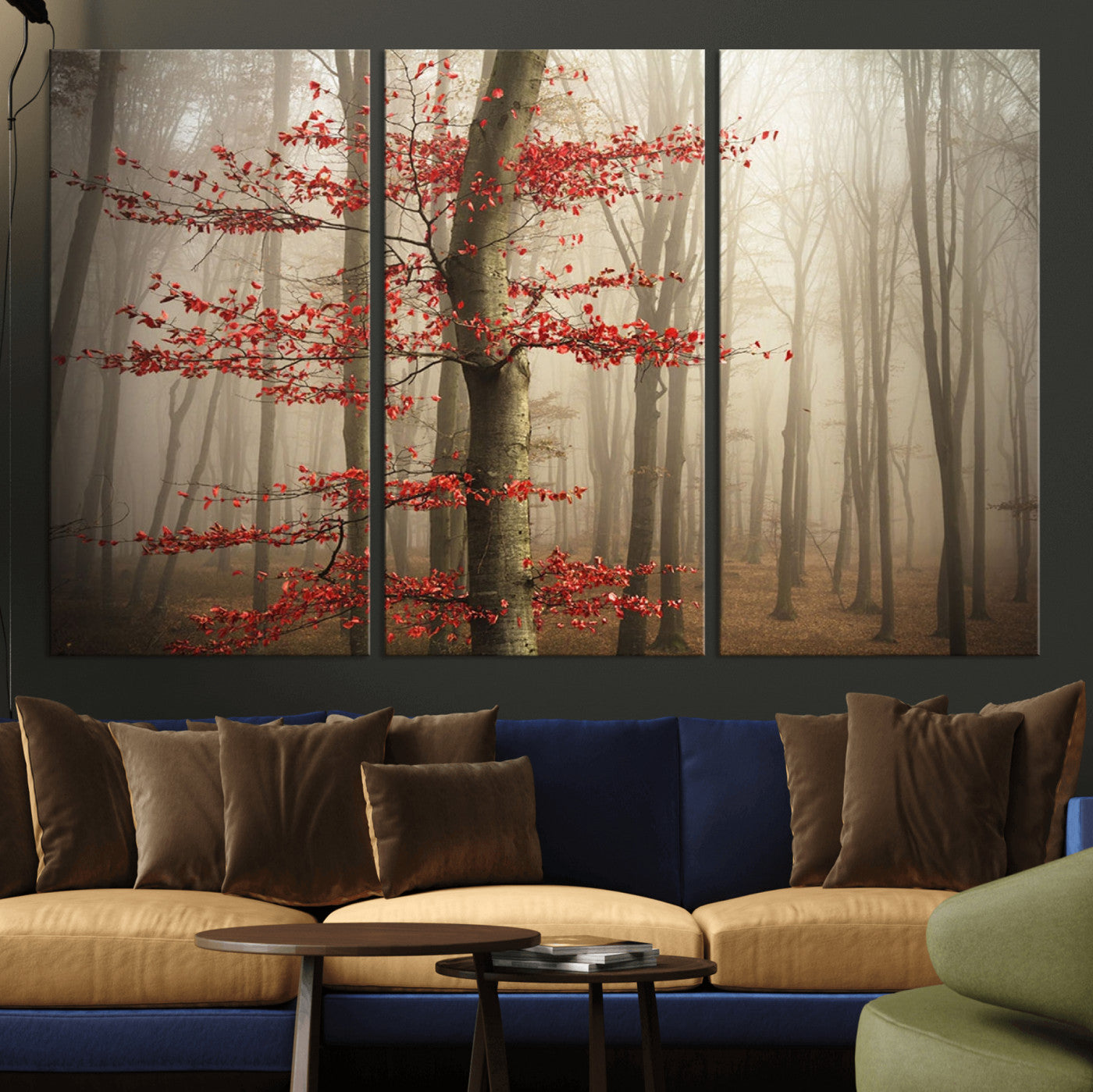 61855-MGV-CV-36X24-Misty Forest Wall Art – Red Tree with Autumn Leaves Canvas Print, Moody Woodland Nature Decor for Living Room, Bedroom, or Office