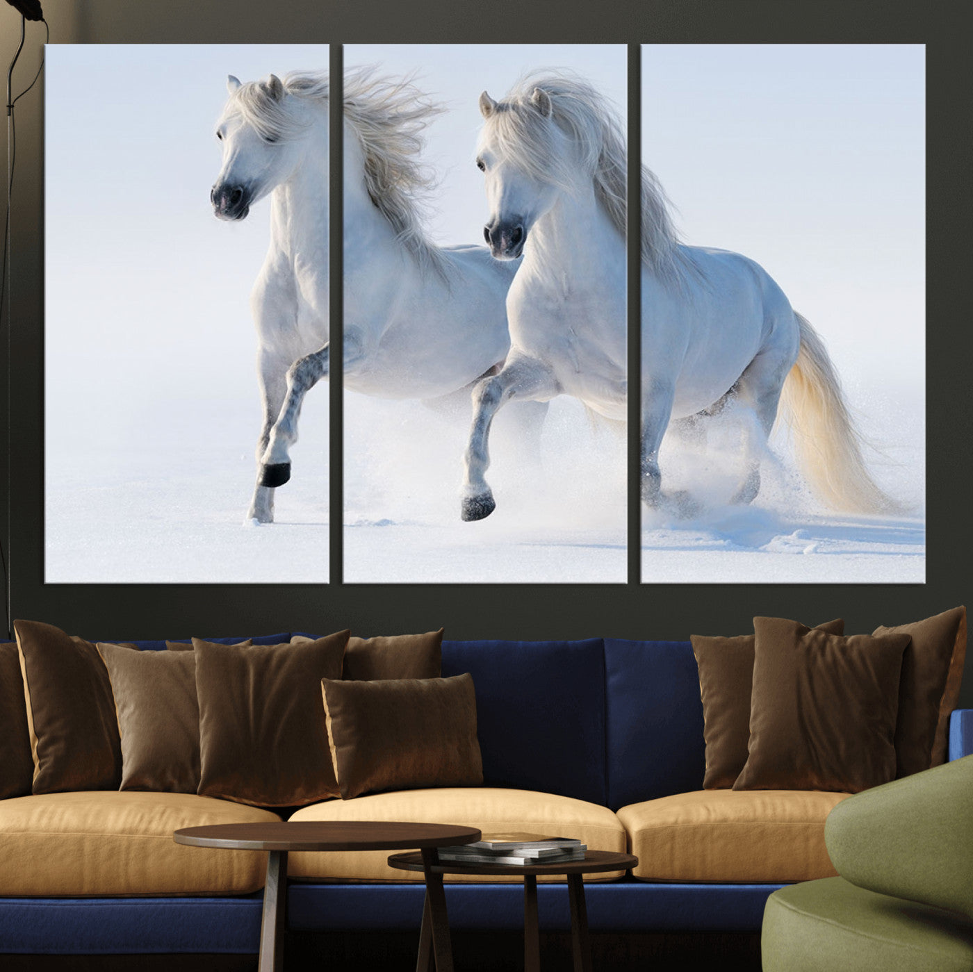 80145-MGV-CV-36X24-White Horses Running Snow Wall Art – Majestic Equine Canvas Print, Winter Nature Photography Decor for Living Room, Office,