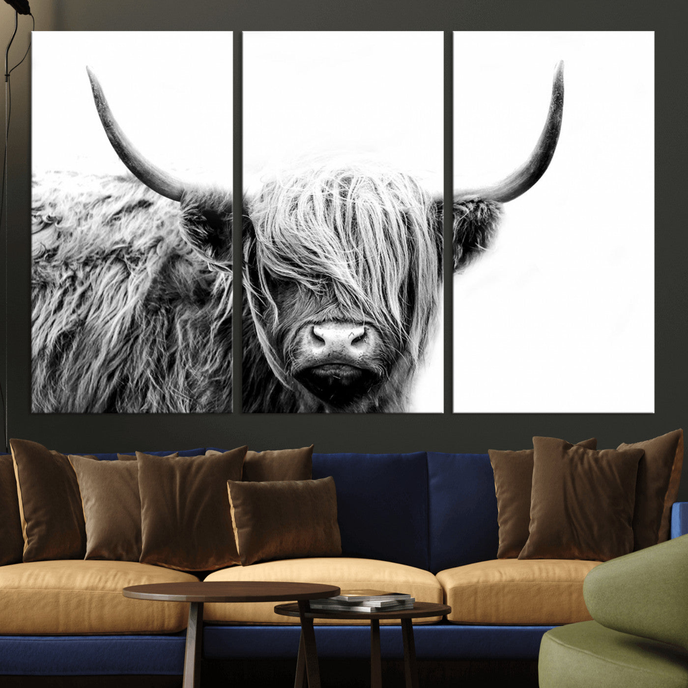51957-MGV-CV-36X24-Highland Cow Wall Art – Black and White Scottish Highland Bull Canvas Print, Rustic Farmhouse Animal Decor for Living Room,