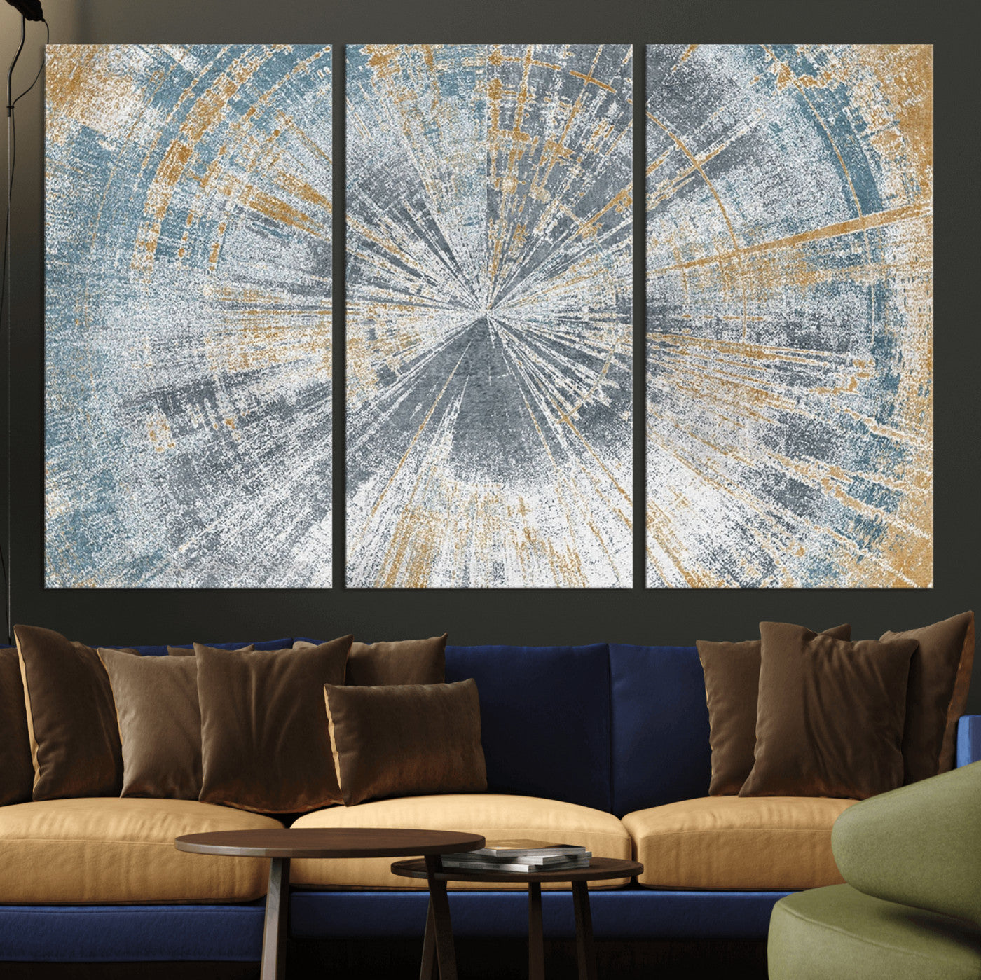17631-MGV-CV-36X24-Radiant Burst Wall Art – Abstract Sunburst Canvas Print in Blue and Gold, Modern Geometric Painting for Living Room, Office or