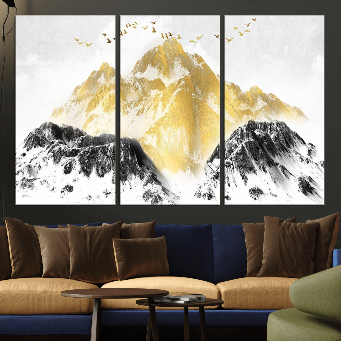 37733-MGV-CV-36X24-Golden Mountain Wall Art – Modern Abstract Landscape Canvas Print with Birds, Luxury Nature Decor for Living Room, Bedroom, or