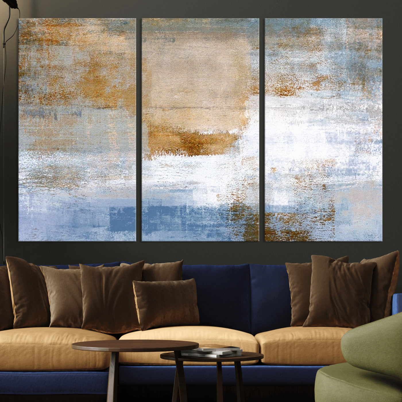 72354-MGV-CV-36X24-Blue and Gold Abstract Wall Art – Modern Minimalist Canvas Print, Textured Contemporary Painting for Living Room, Bedroom, or