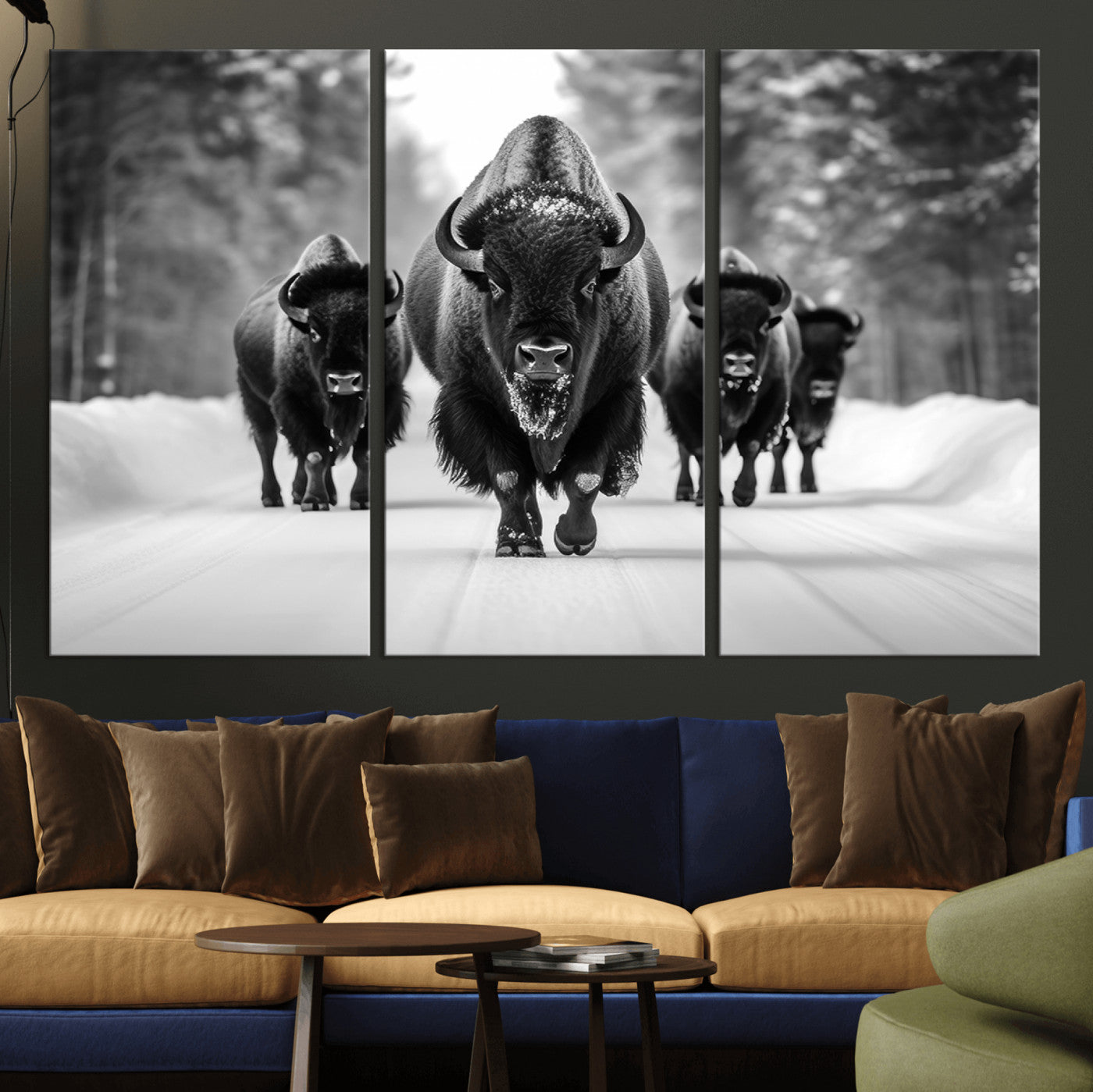 45287-MGV-CV-36X24-Bison Herd Wall Art – Black and White Buffalo Snow Road Canvas Print, Rustic Wildlife Decor for Cabin, Lodge or Living Room