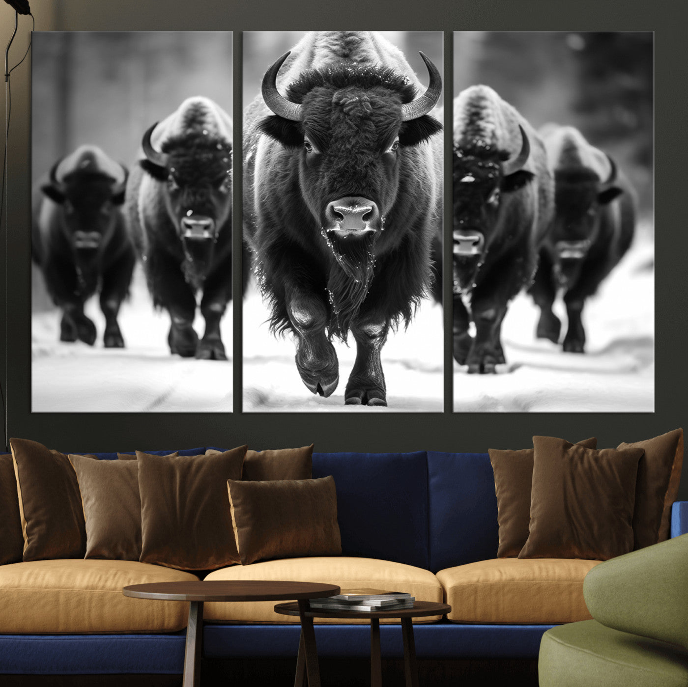 79872-MGV-CV-36X24-Bison Herd Wall Art – Black and White Buffalo on Snow Canvas Print, Rustic Wildlife Decor for Lodge, Cabin, or Living Room