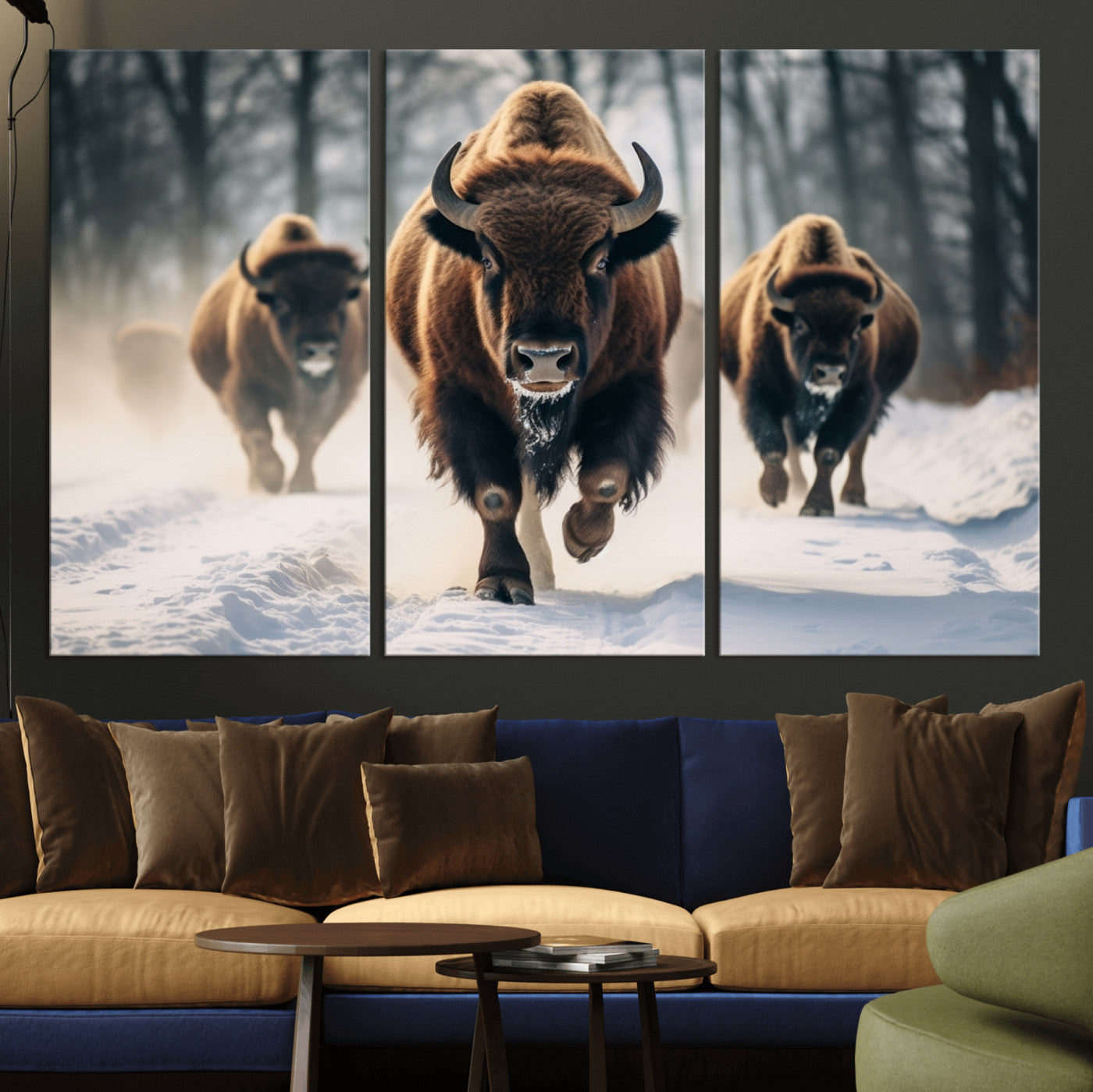 56549-MGV-CV-36X24-Wild Bison Wall Art – Majestic Buffalo Herd Running in Snow Canvas Print, Rustic Wildlife Photography Decor for Cabin, Lodge, or
