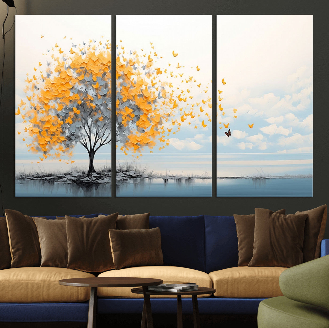 23385-MGV-CV-36X24-Golden Butterfly Tree Wall Art – Abstract Yellow and Gray Canvas Print, Modern Nature Artwork for Living Room, Bedroom or Office
