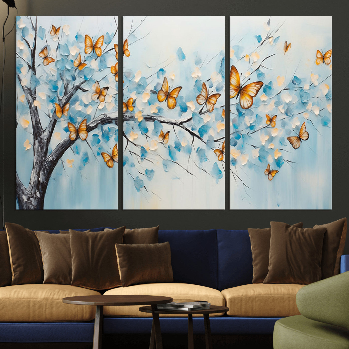 59455-MGV-CV-48X32-3P-Butterfly Tree Branch Wall Art – Blue and Yellow Abstract Canvas Print, Modern Nature Artwork for Living Room, Bedroom or Office
