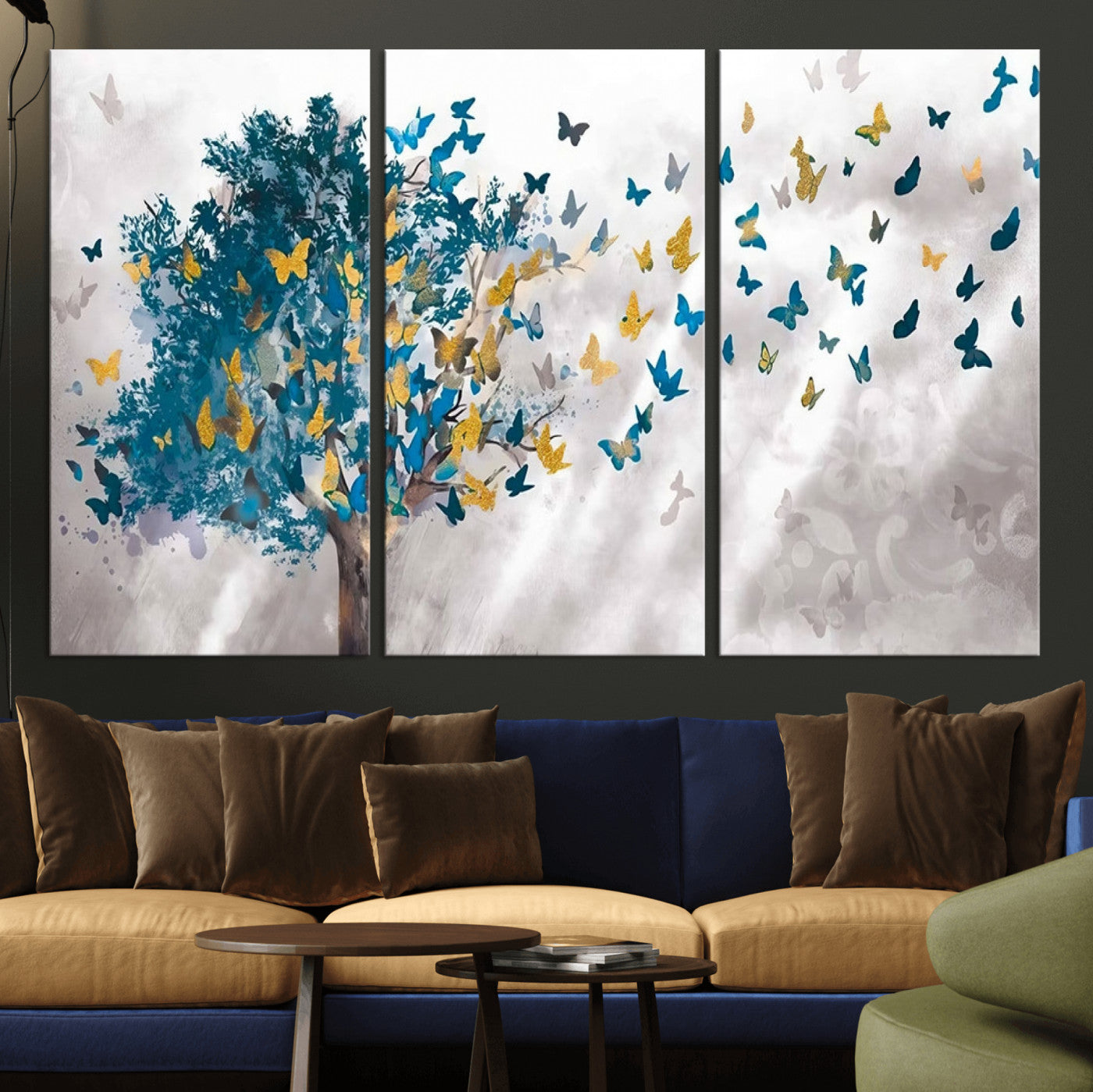 37564-MGV-CV-36X24-Butterfly Tree Wall Art – Modern Nature Canvas Print with Blue and Golden Butterflies, Elegant Decorative Painting for Living Room