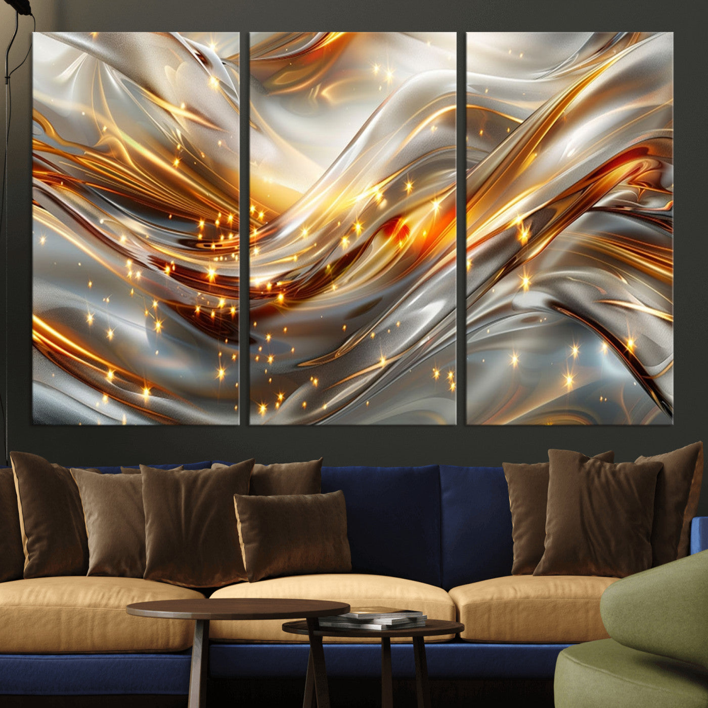 Lines1-MGV-CV-36X24-Abstract Metallic Wall Art – Silver and Gold Wave Canvas Print with Sparkling Accents, Modern Luxury Decor for Living Room, Office