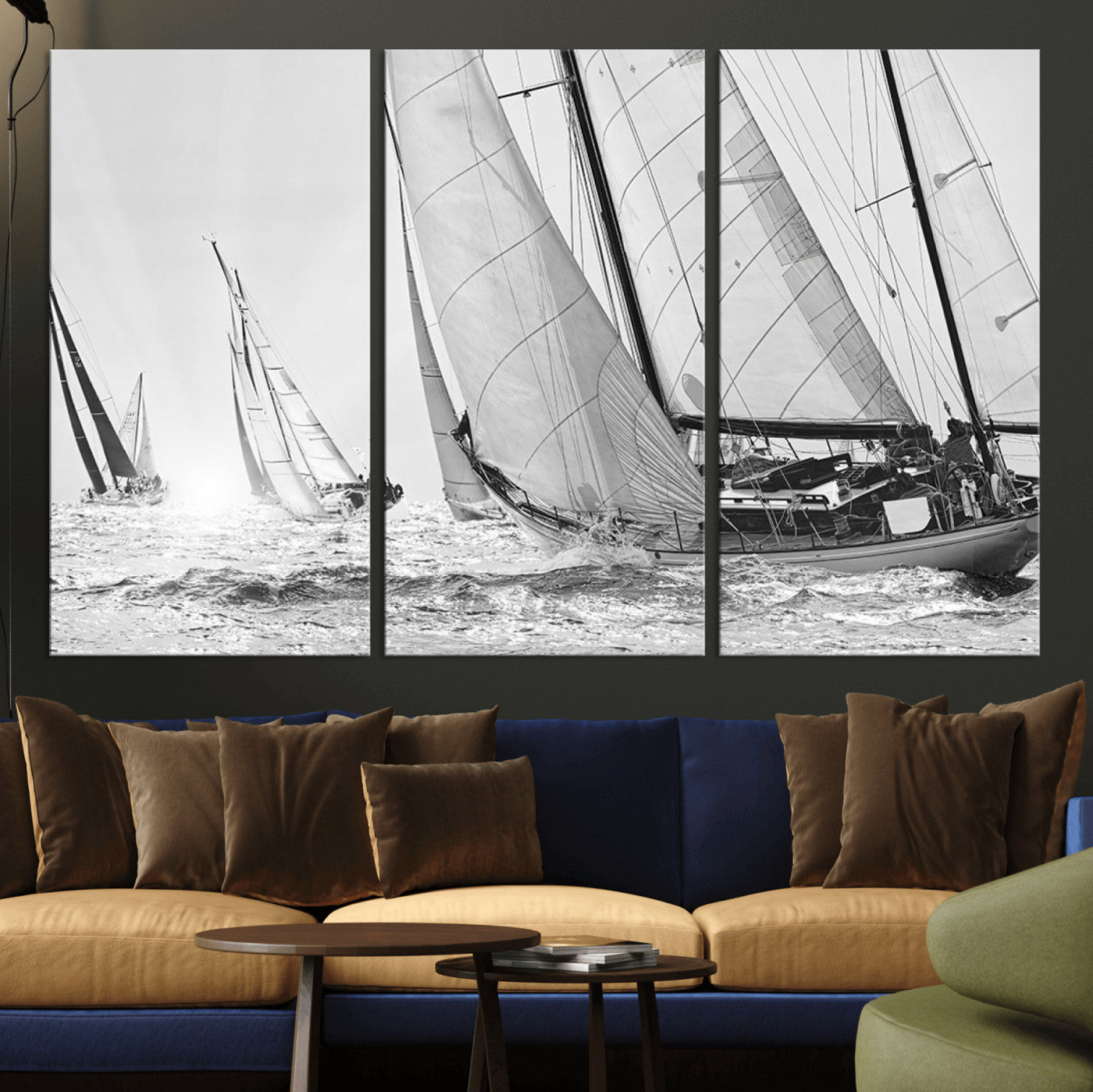 Boat-1-MGV-CV-36X24-Sailboat Racing Wall Art – Nautical Black and White Canvas Print, Ocean Adventure Decor for Office, Living Room or Bedroom