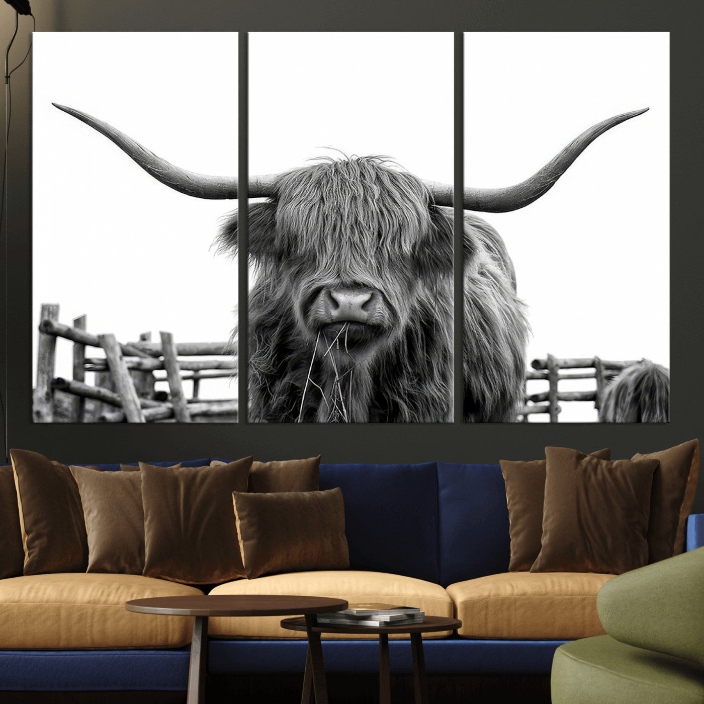 58188-MGV-CV-36X24-Highland Cow Wall Art – Black and White Rustic Farmhouse Canvas Print, Longhorn Cattle Photography Decor for Living Room or