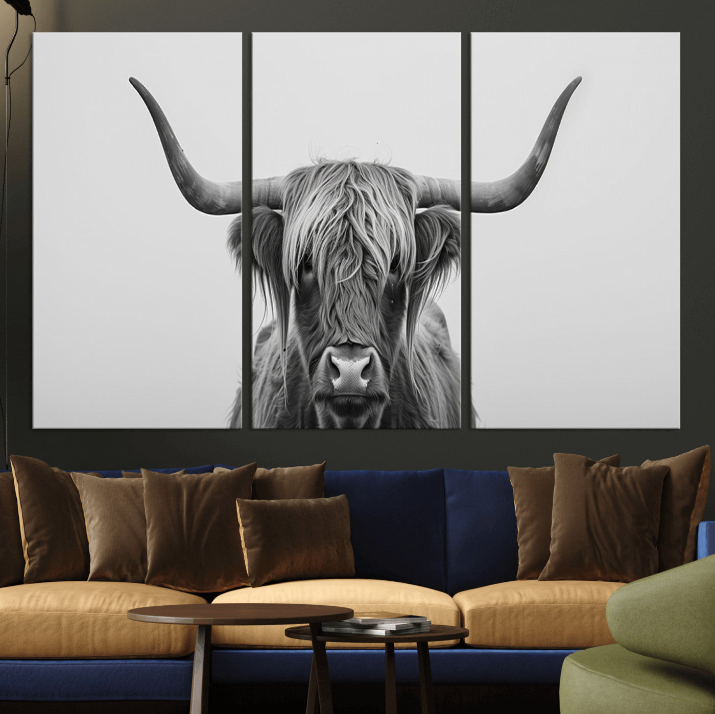 35820-MGV-CV-36X24-Minimalist Highland Cow Wall Art – Black and White Longhorn Cattle Canvas Print, Modern Farmhouse Animal Photography Decor for