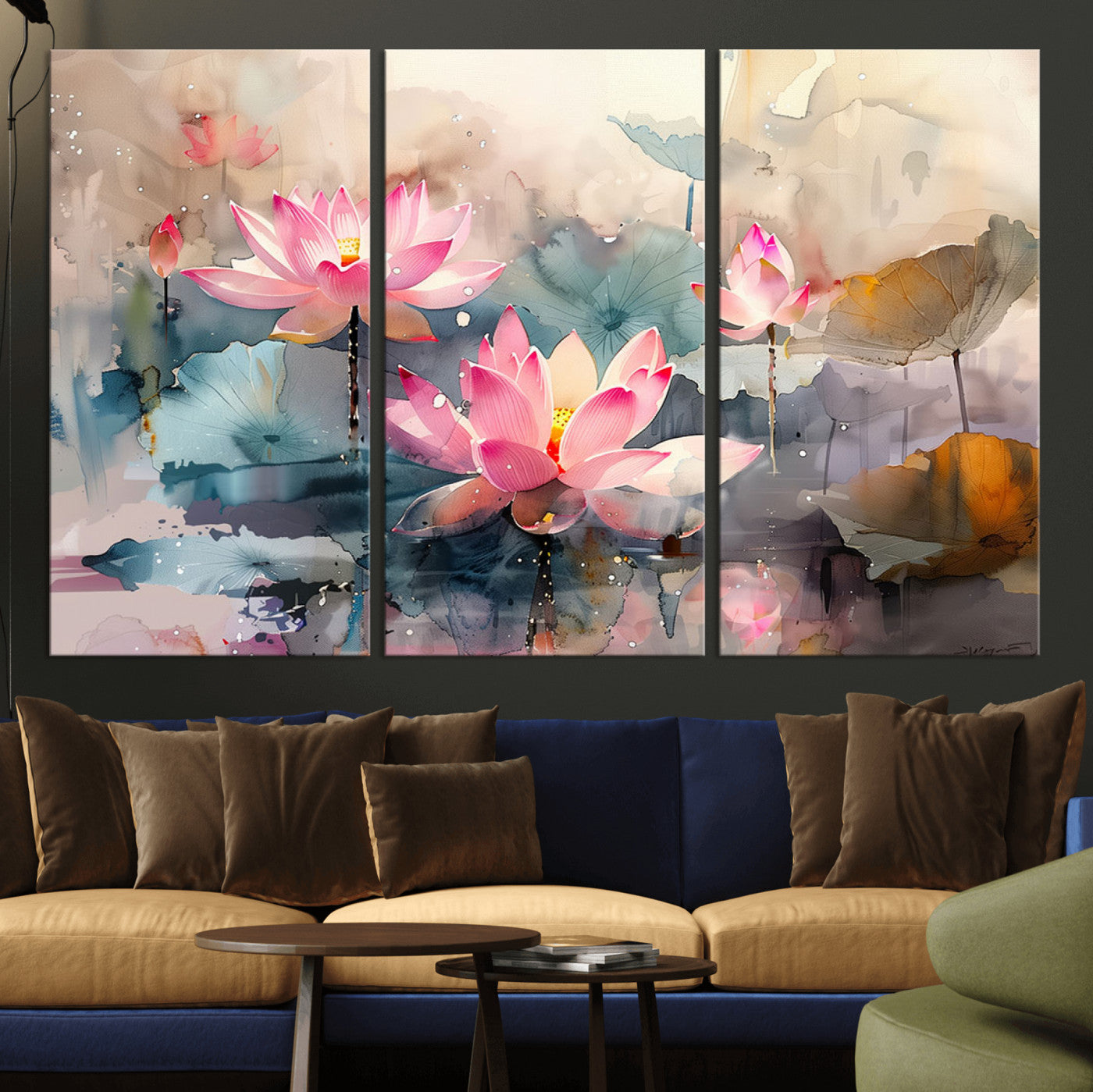 27936-MGV-CV-36X24-Lotus Pond Wall Art – Watercolor Pink Lotus Flowers Canvas Print, Tranquil Botanical Artwork for Bedroom, Living Room or