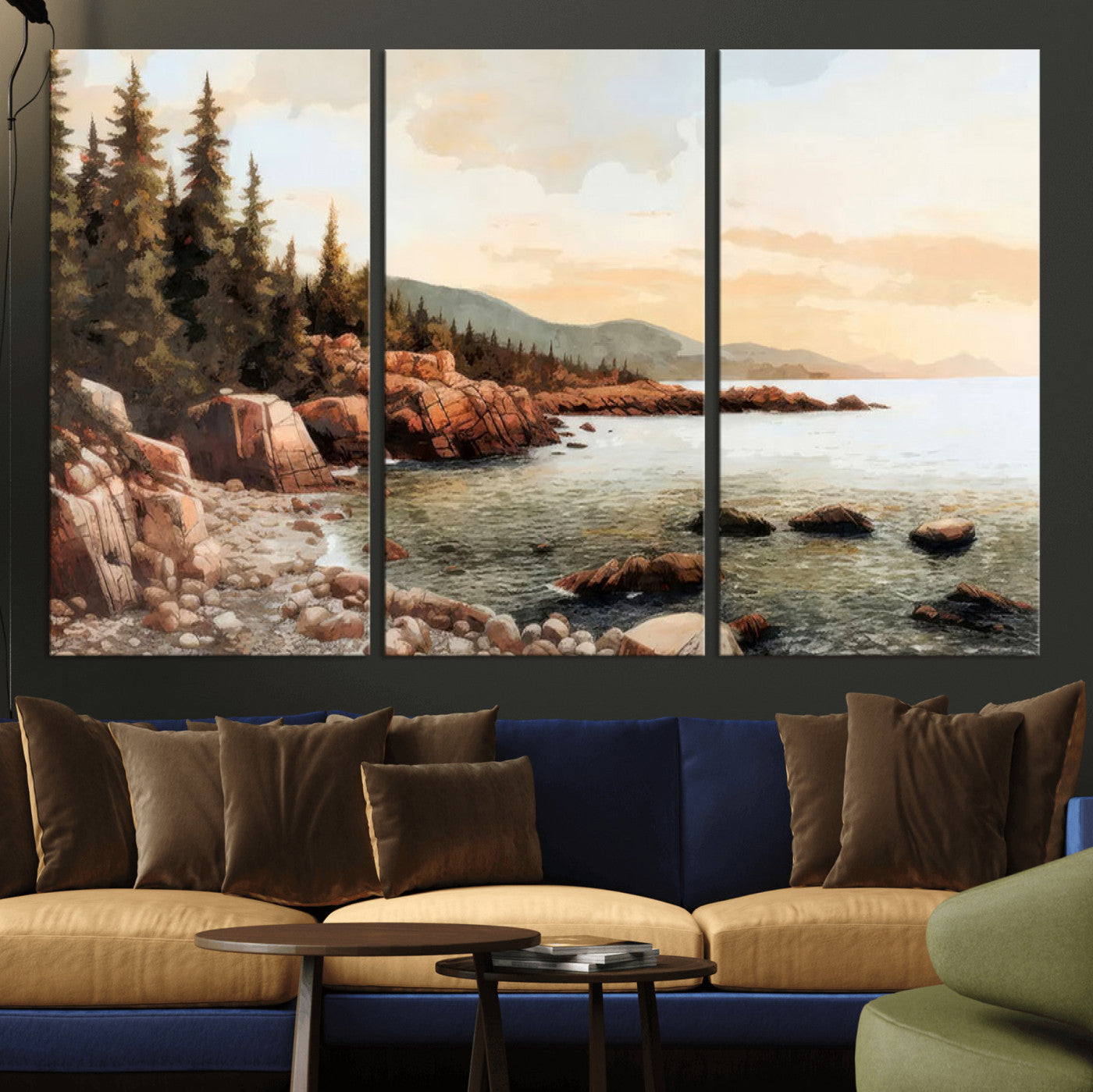 77145-MGV-CV-36X24-Coastal Landscape Wall Art – Panoramic Rocky Shoreline and Pine Trees Canvas Print, Rustic Nature Decor for Cabin, Lodge, Office,
