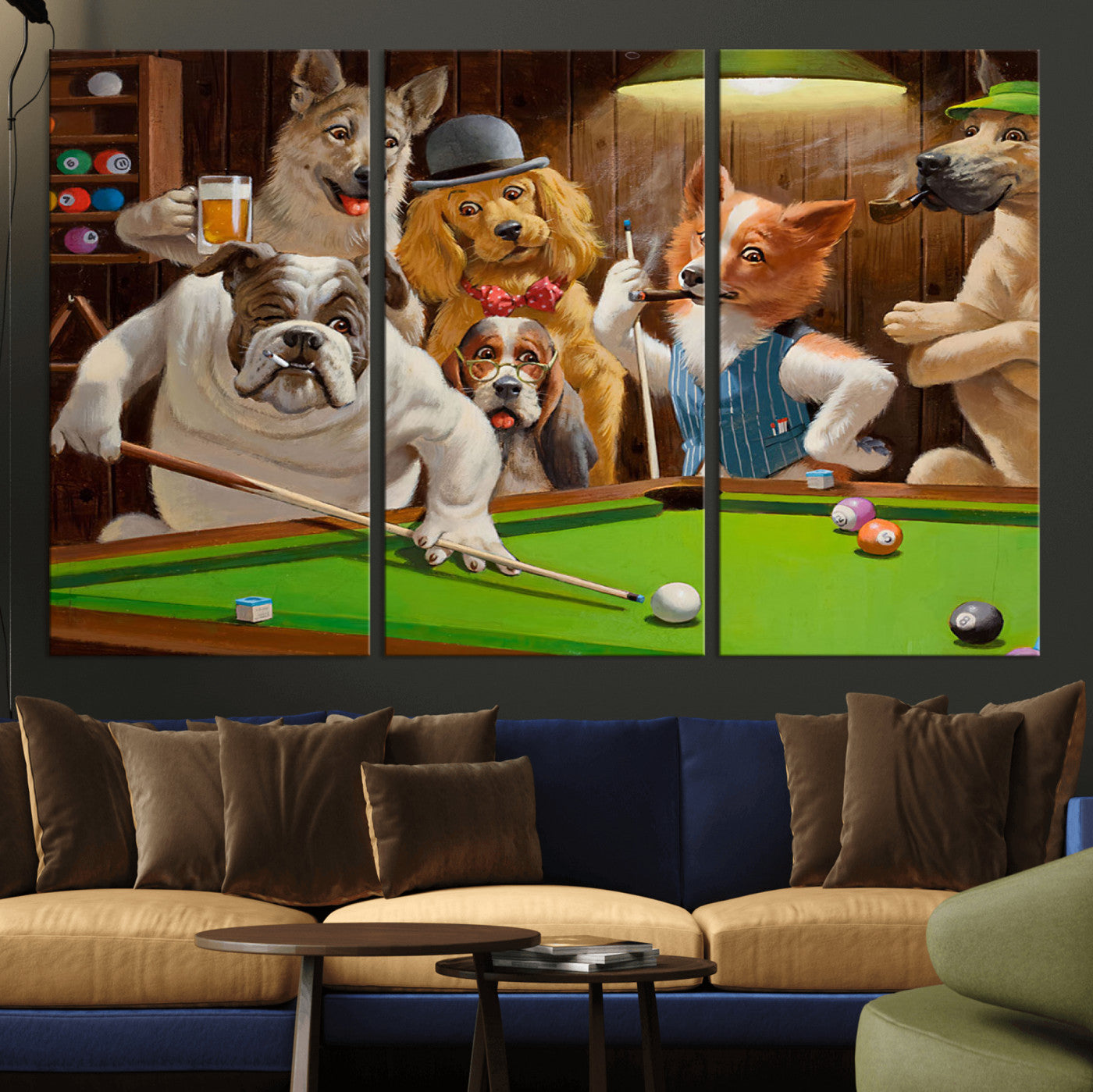 34228-MGV-CV-36X24-Dogs Playing Pool Wall Art Canvas Print, Framed Funny Dog Art Picture Print, Dog Perfect Game Room Decor Artwork