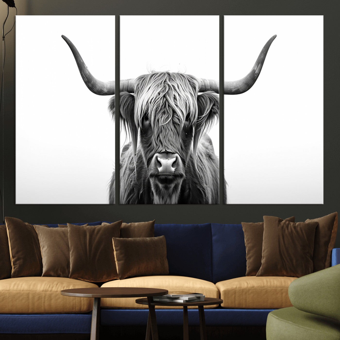 49556-MGV-CV-36X24-Highland Cow Wall Art – Black and White Scottish Highland Cattle Print, Rustic Farmhouse Minimalist Animal Portrait Canvas for