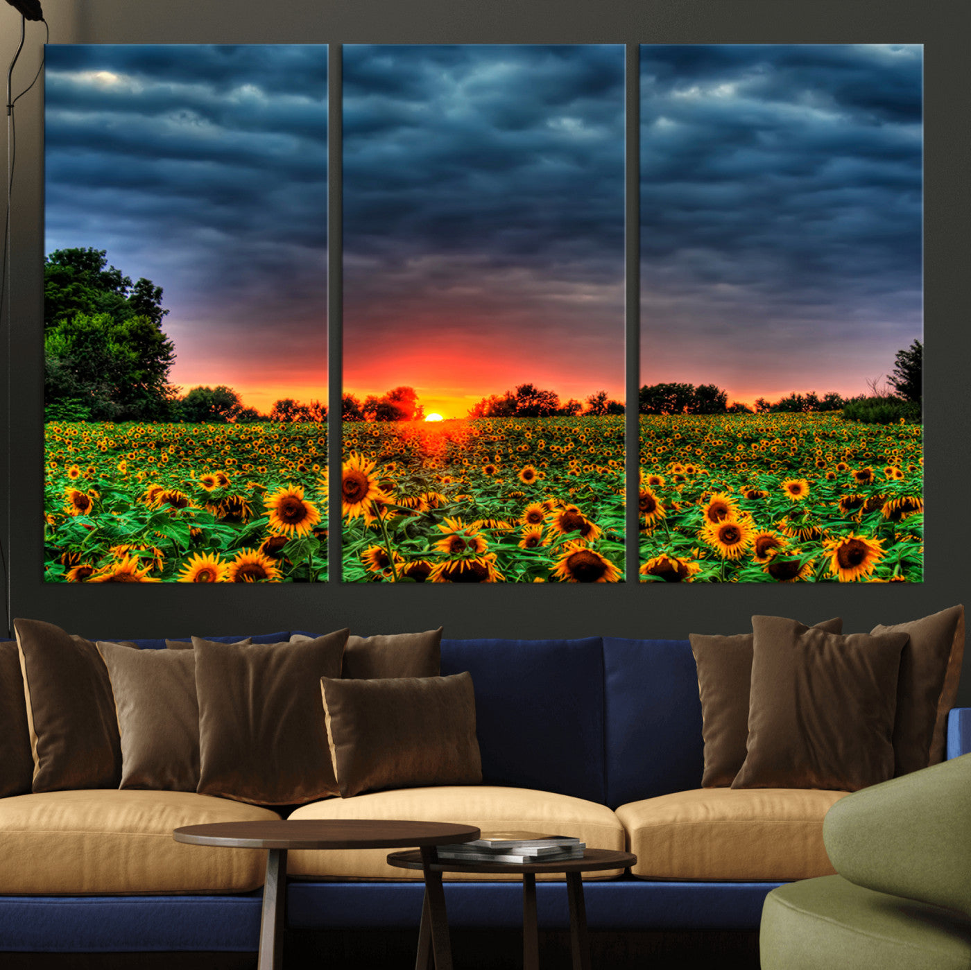 45045-MGV-CV-36X24-Sunflower Field Sunset Wall Art – Dramatic Stormy Sky Landscape Print, Vibrant Yellow Floral Nature Canvas for Living Room,