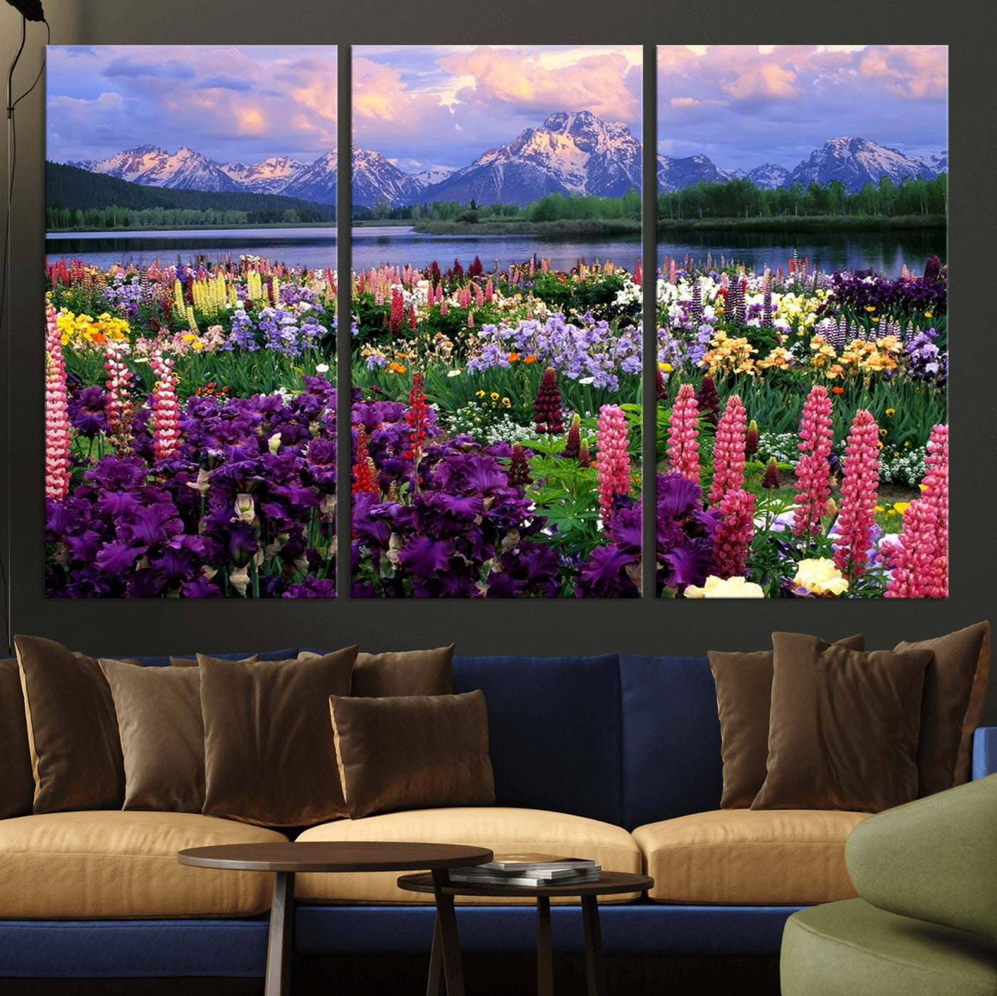 82270-MGV-CV-48X32-3P-Colorful Wildflower Meadow Landscape Wall Art – Snow-Capped Mountain Lake Sunset Print, Vibrant Nature Artwork for Living Room,