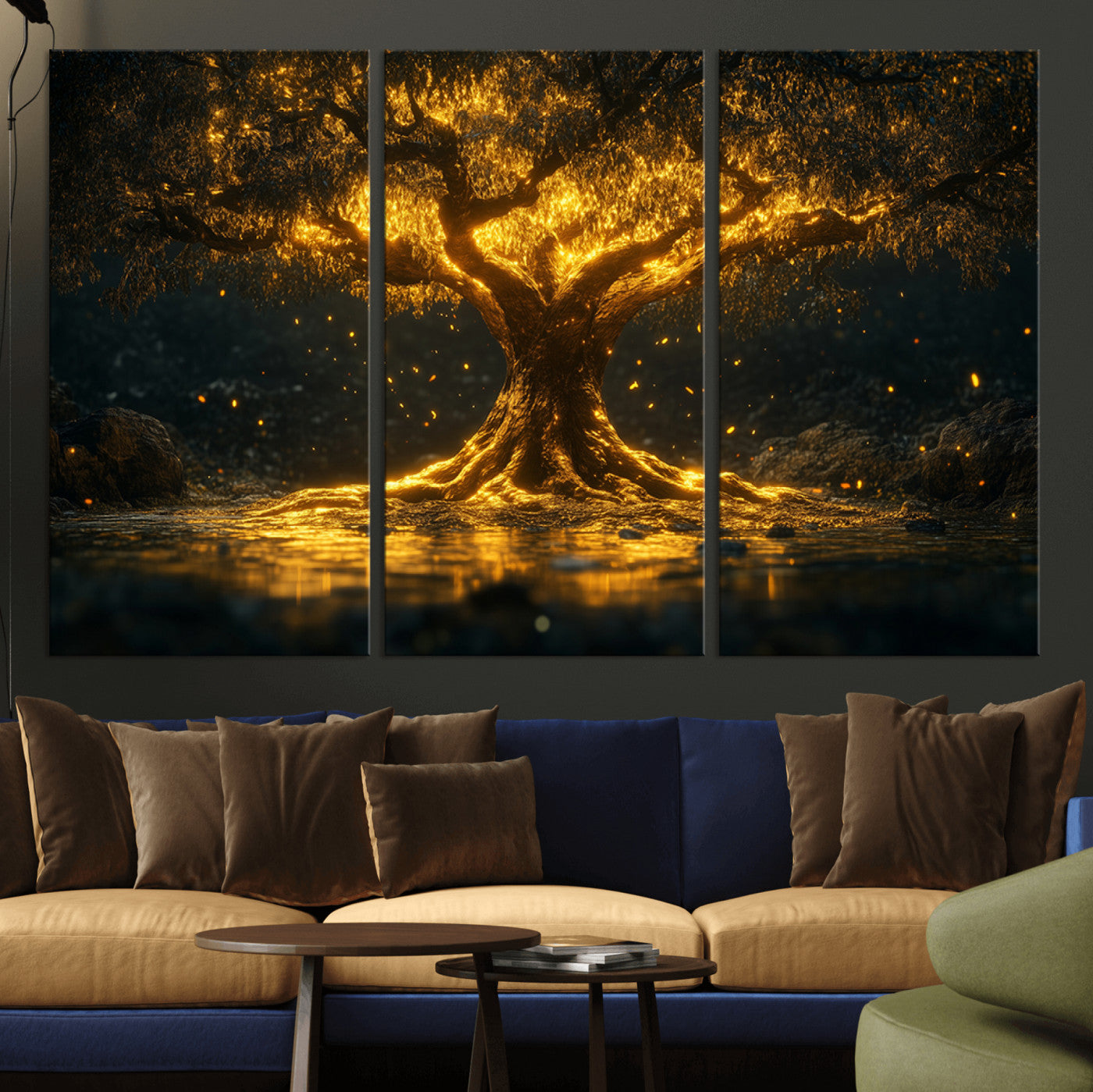 59580-MGV-CV-36X24-Glowing Tree Wall Art – Golden Fantasy Nature Canvas Print, Mystical Illuminated Tree Painting Poster for Living Room, Bedroom,