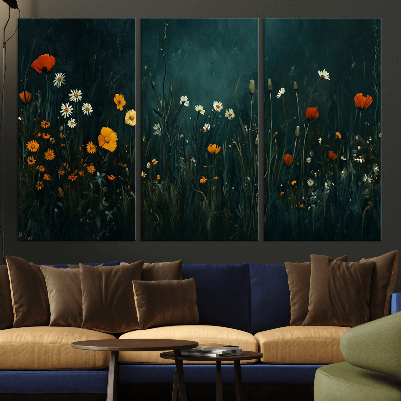 87037-MGV-CV-36X24-Wildflower Wall Art – Dark Botanical Floral Canvas Print, Modern Nature Painting Poster with Daisies Poppies Orange Flowers for