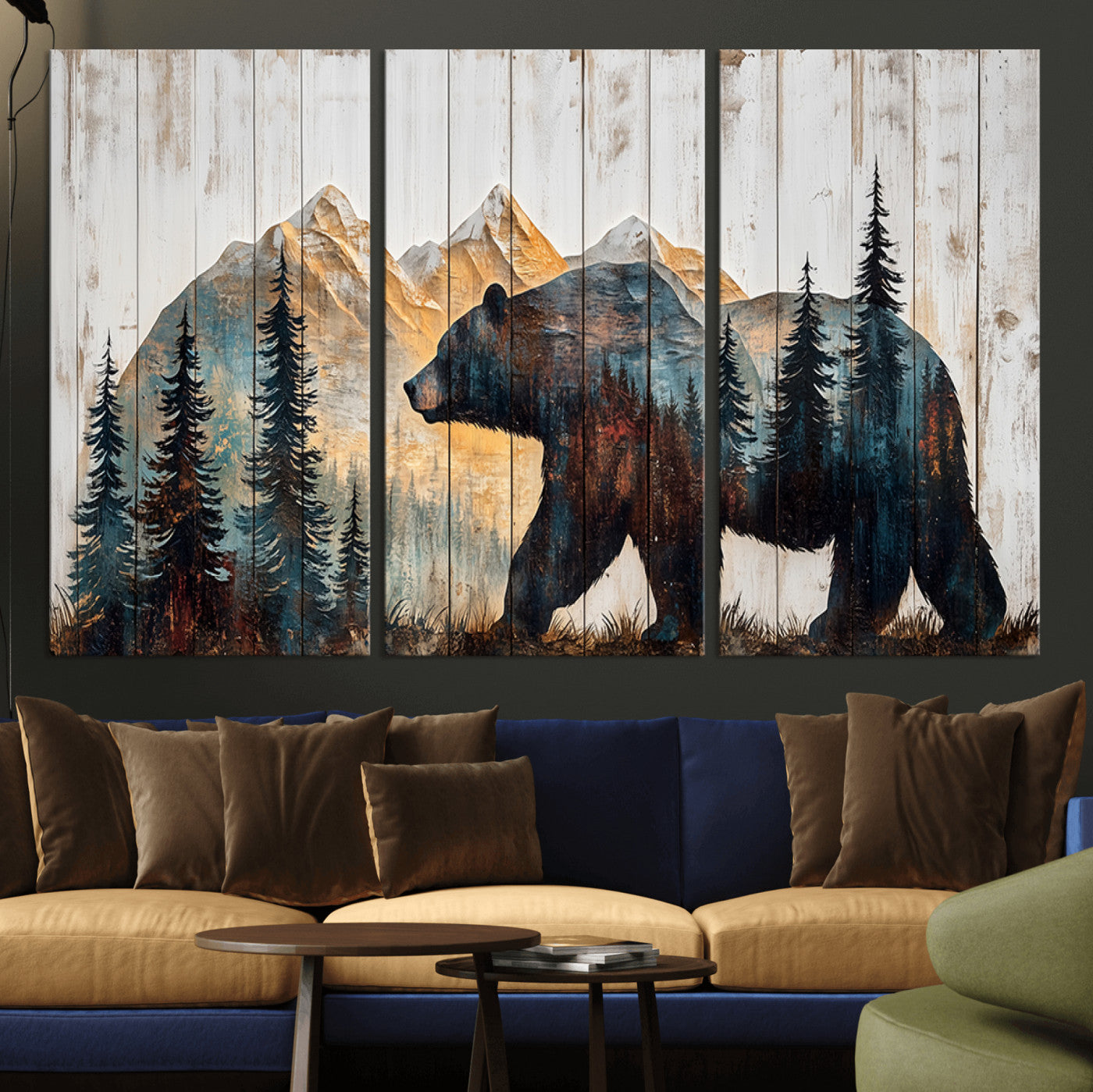 90077-MGV-CV-36X24-Wood Grizzly Bear Wall Art Canvas Print, Framed Abstract Bear Art Picture Print, Bear in Forest Perfect Rustic Lodge Decor Artwork