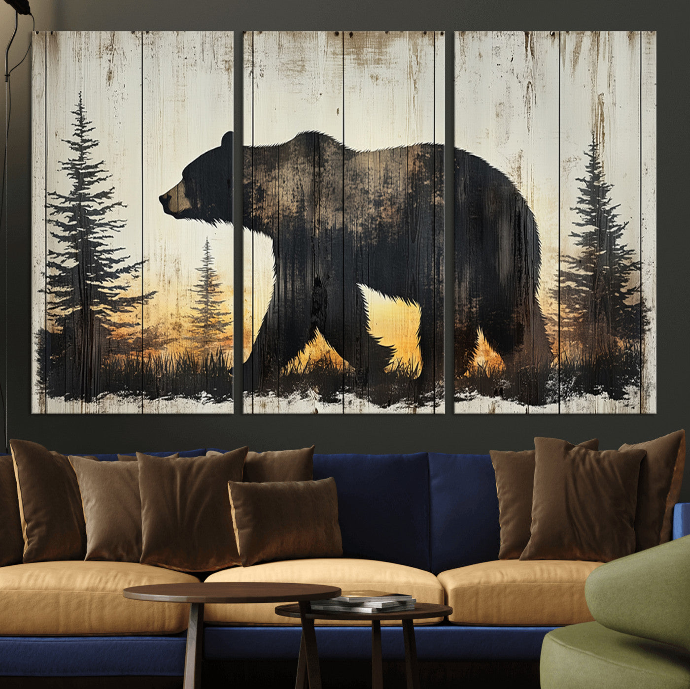 83875-MGV-CV-36X24-Sunset Bear Wall Art – Rustic Wildlife Canvas Print with Forest Silhouette, Cabin Lodge Decor for Living Room or Office