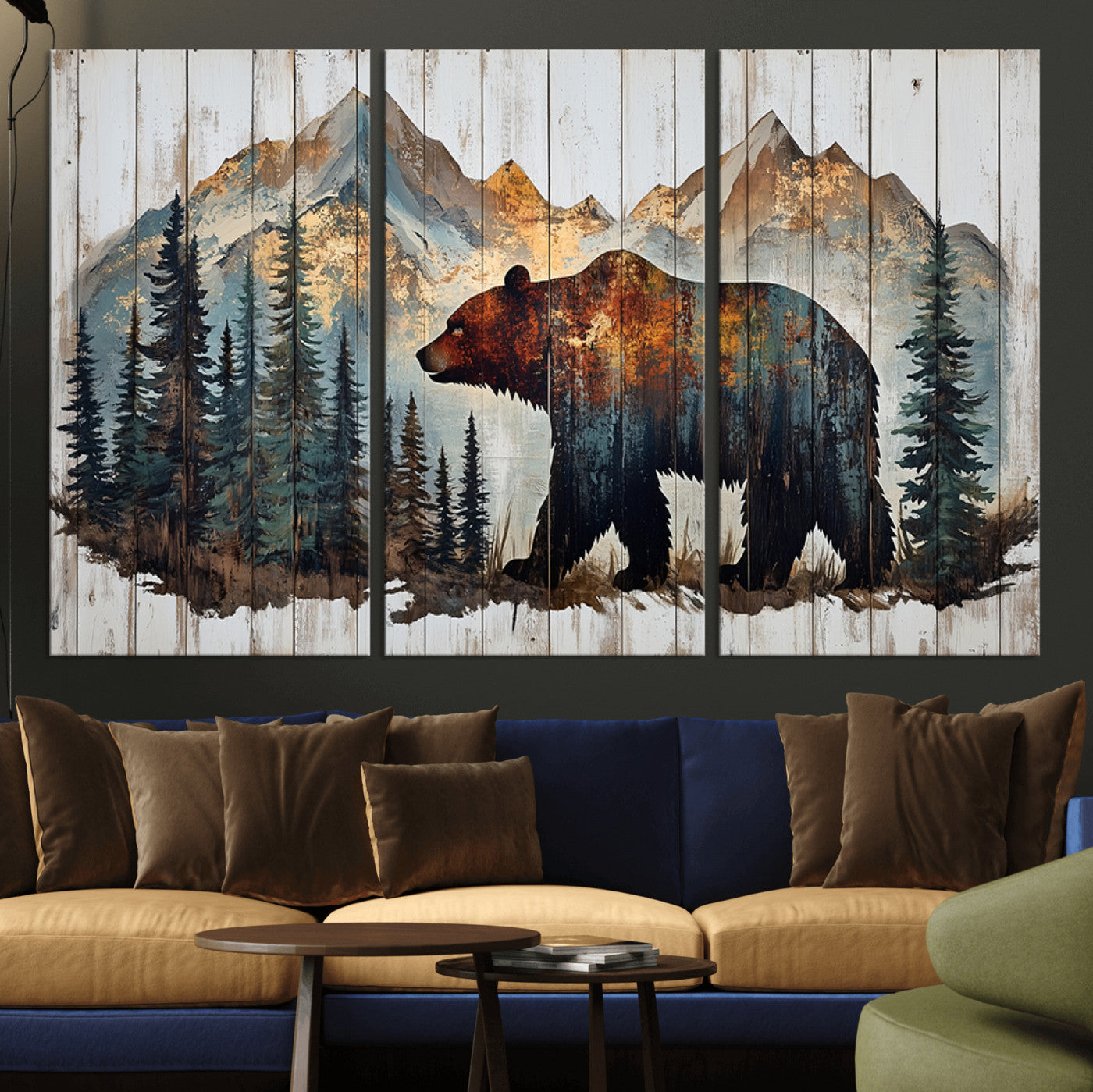 55777-MGV-CV-36X24-Rustic Bear Wall Art Canvas Print, Framed Mountain and Forest Art Picture Print, Wooden Bear Perfect Rustic Lodge Decor Artwork