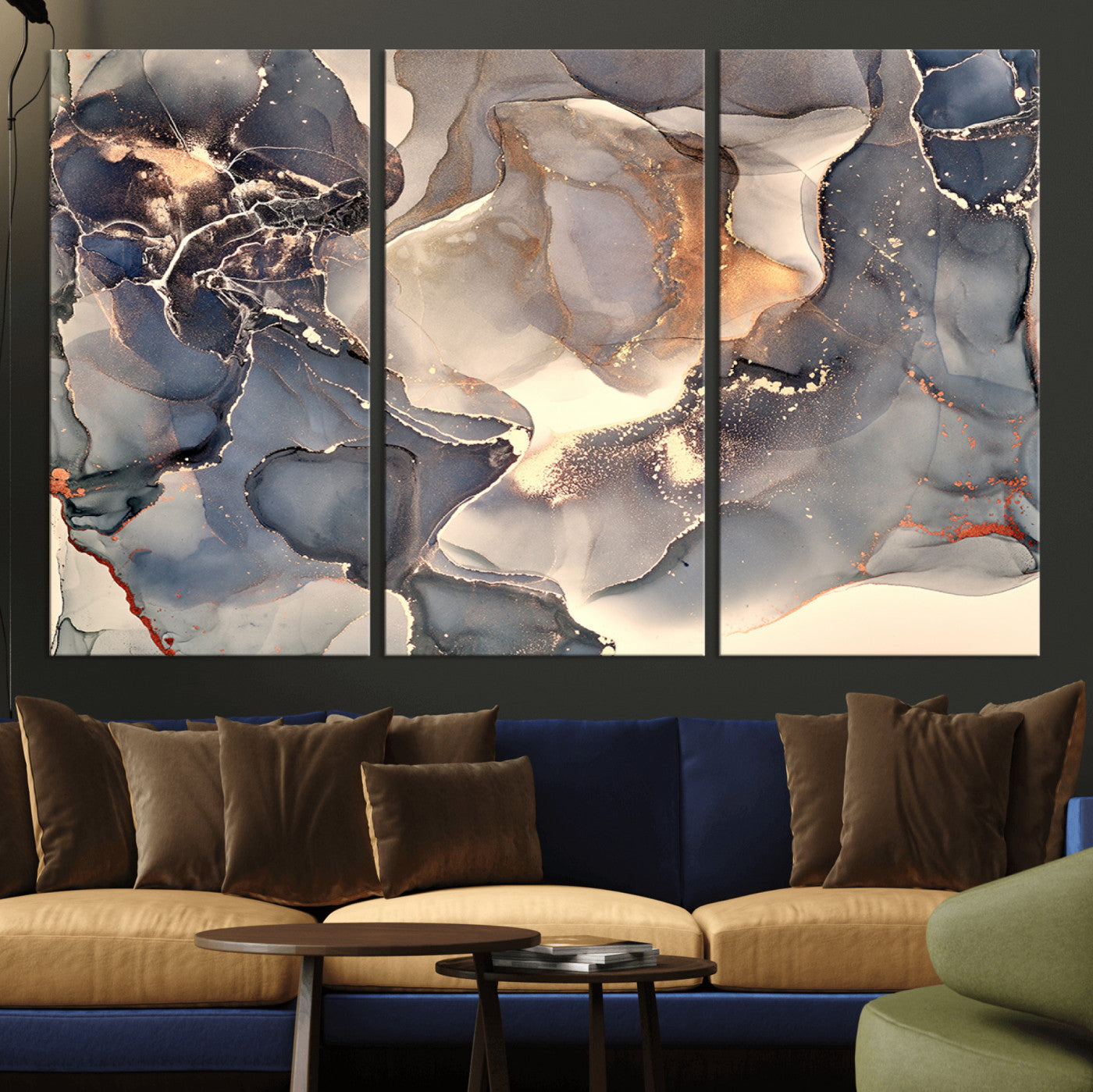 18202-MGV-CV-36X24-Abstract Neutral Wall Art – Blue, Beige and Gold Fluid Ink Canvas Print, Modern Minimalist Painting for Living Room, Office