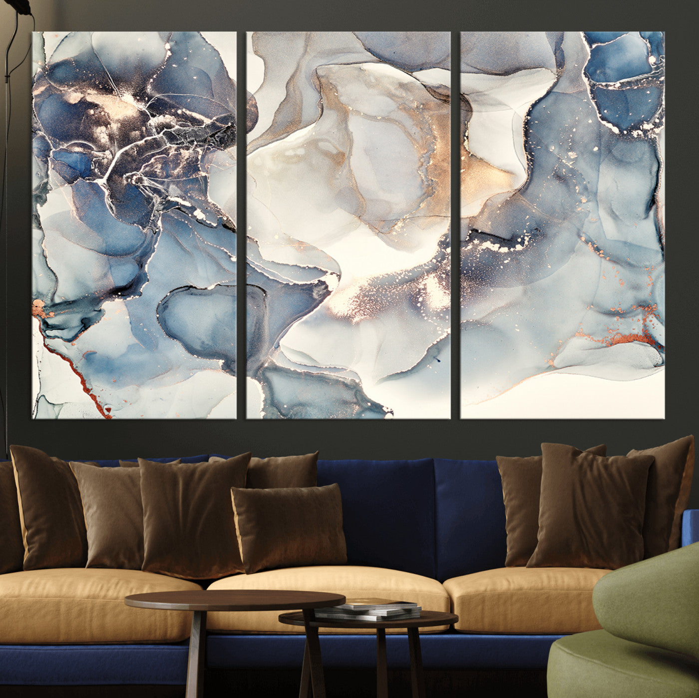 51497-MGV-CV-36X24-Abstract Blue and Gold Wall Art – Modern Fluid Ink Style Canvas Print, Elegant Contemporary Decor for Living Room, Office