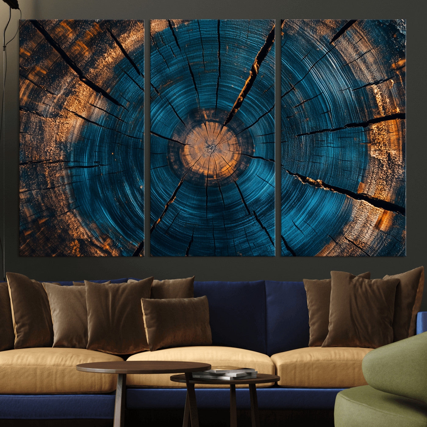 13398-MGV-CV-36X24-Tree Ring Wall Art – Abstract Wood Grain Canvas Print with Blue and Orange Accents, Rustic Nature Inspired Artwork for Living