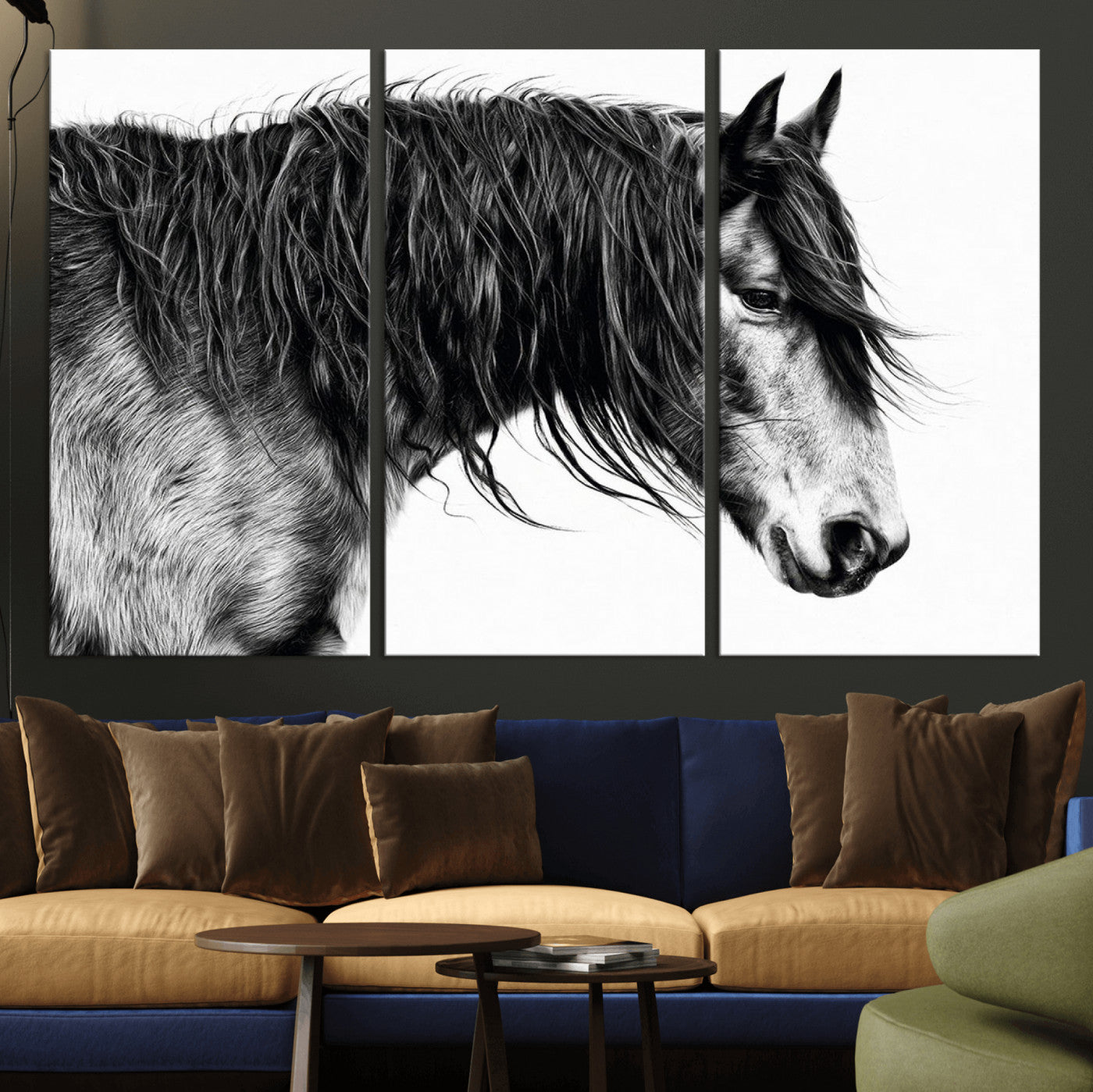 57694-MGV-CV-36X24-Horse Portrait Wall Art – Black and White Canvas Print with Detailed Stallion Profile, Rustic Farmhouse Equestrian Artwork for