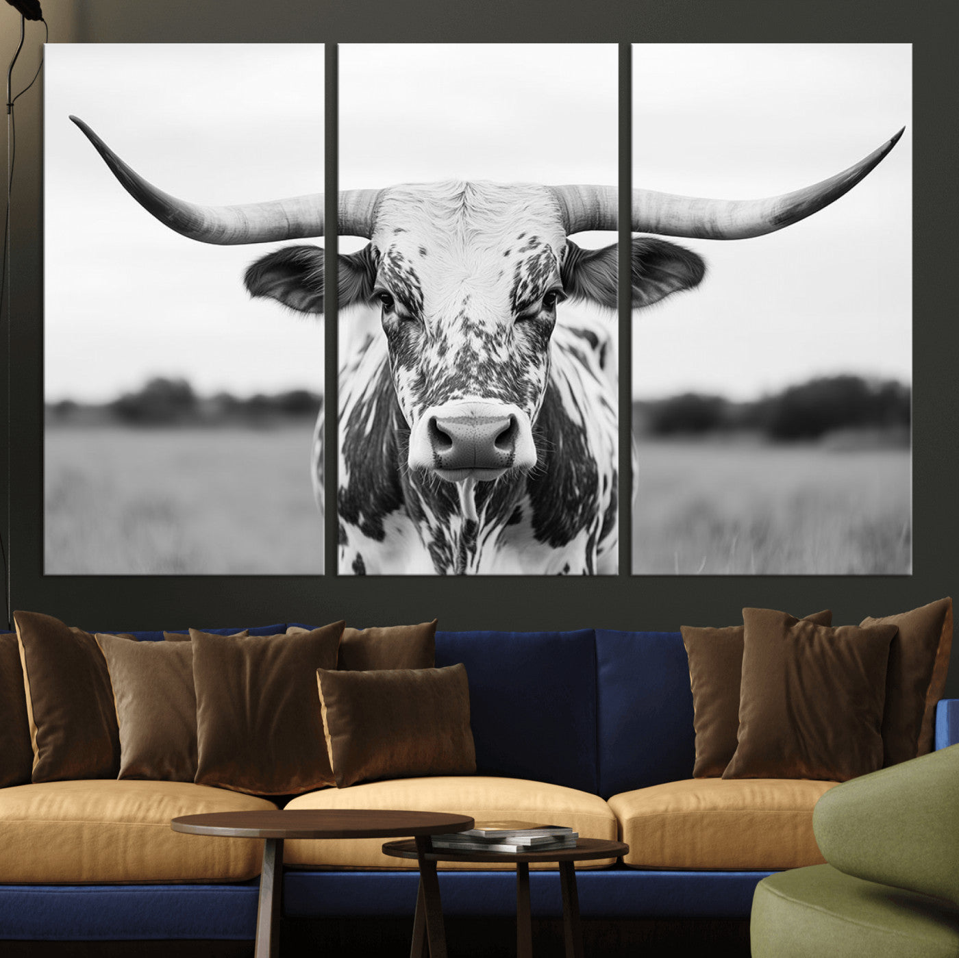 20272-MGV-CV-36X24-Texas Longhorn Wall Art – Black and White Cowboy Western Canvas Print, Rustic Farmhouse Cattle Photography Decor for Ranch, Barn