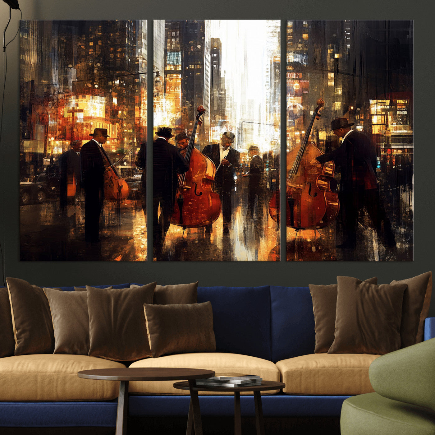 58782-MGV-CV-36X24-Jazz Musicians Cityscape Wall Art – Vibrant Urban Night Canvas Print, Elegant Music Themed Decor for Living Room, Office, or Music