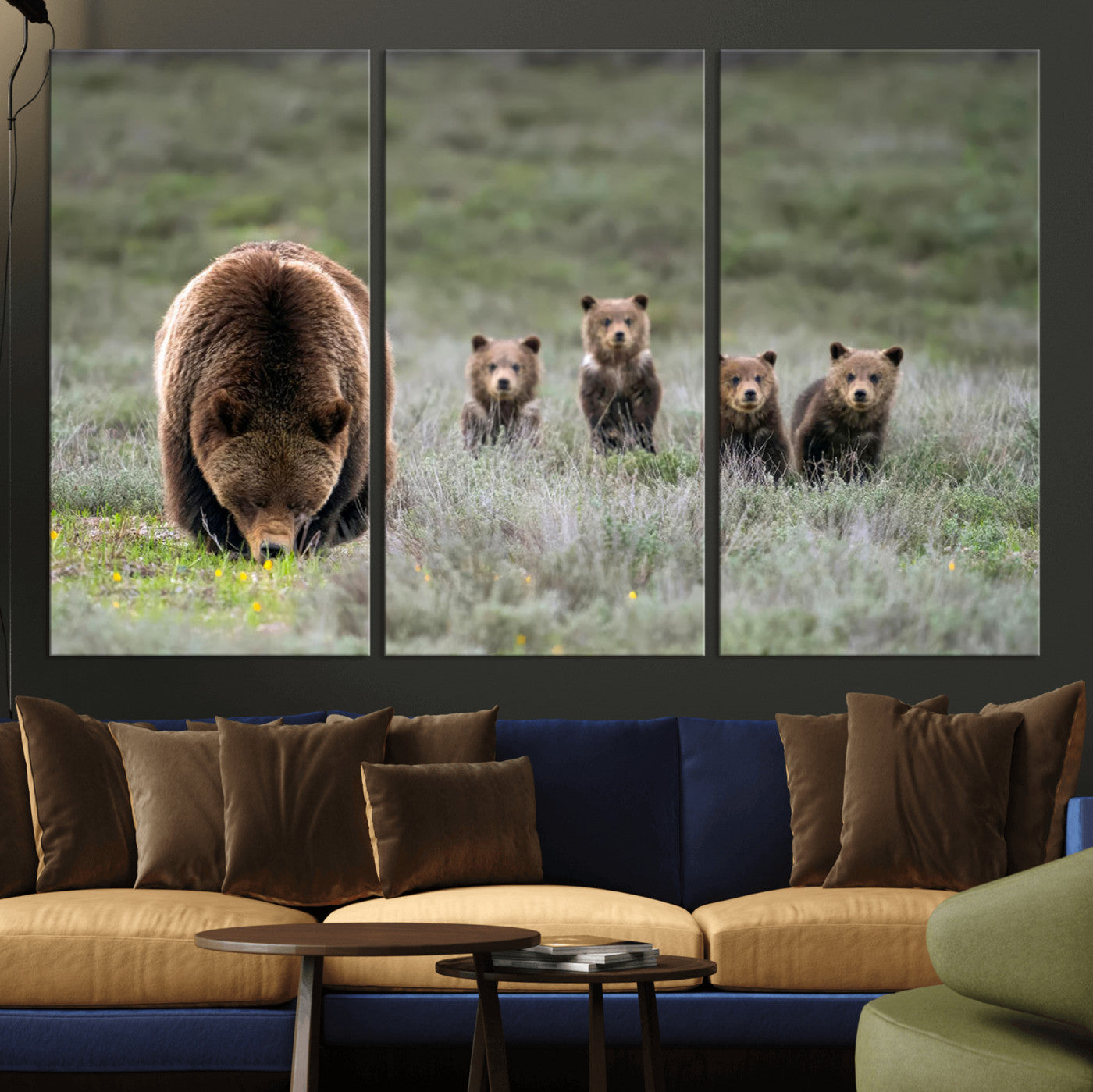 65087B-MGV-CV-36X24-Bear Family Wall Art – Wildlife Canvas Print Featuring Mother Bear with Cubs in Nature, Rustic Animal Artwork for Living Room,