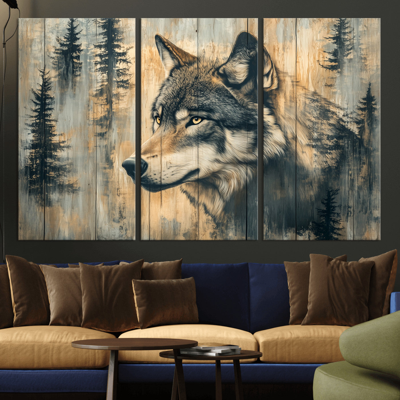 51892-MGV-CV-36X24-Wolf Wall Art – Rustic Canvas Print of Wolf with Forest Trees on Wood Texture, Wildlife Lodge Artwork for Living Room, Bedroom,