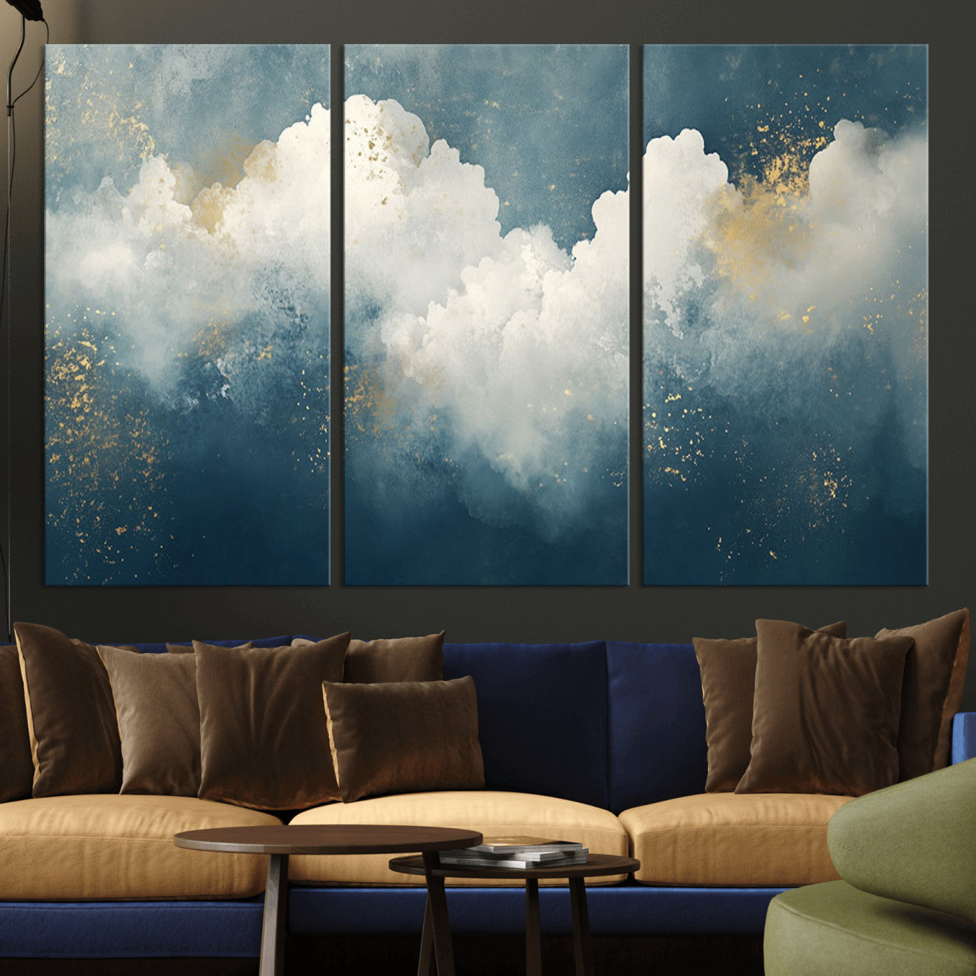 75131-MGV-CV-36X24-Abstract Cloud Wall Art – Modern Canvas Print Featuring Blue and White Clouds with Golden Accents, Contemporary Artwork for Living