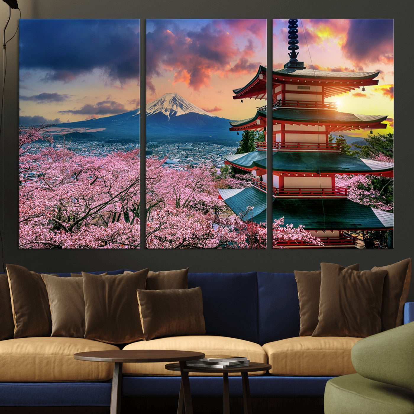 32331262-MGV-CV-36X24-Mount Fuji Japan Wall Art – Cherry Blossom Landscape Canvas Print, Chureito Pagoda Sunset Photography, Japanese Nature Travel