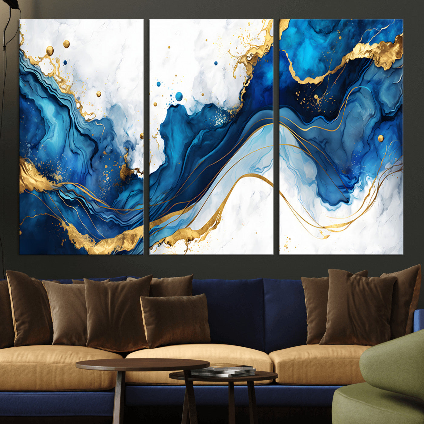 33506371-MGV-CV-36X24-Blue Marble Wall Art Canvas Print, Framed Gold Splash Art Picture Print, Abstract Wave Perfect Modern Luxe Decor Artwork