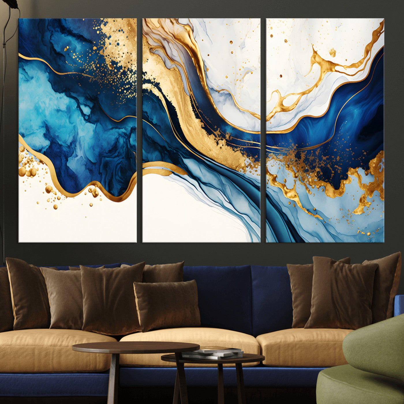 60283636-MGV-CV-36X24-Blue Gold Flow Wall Art Canvas Print, Framed Marble Texture Art Picture Print, Elegant Splash Perfect Elegant Abstract Decor