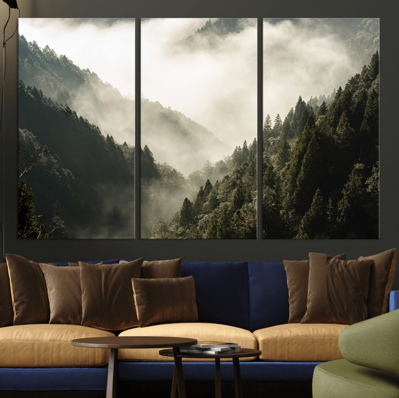 57570237-MGV-CV-36X24-Misty Valley Wall Art Canvas Print, Framed Foggy Forest Art Picture Print, Pine Trees Perfect Moody Woodland Decor Artwork