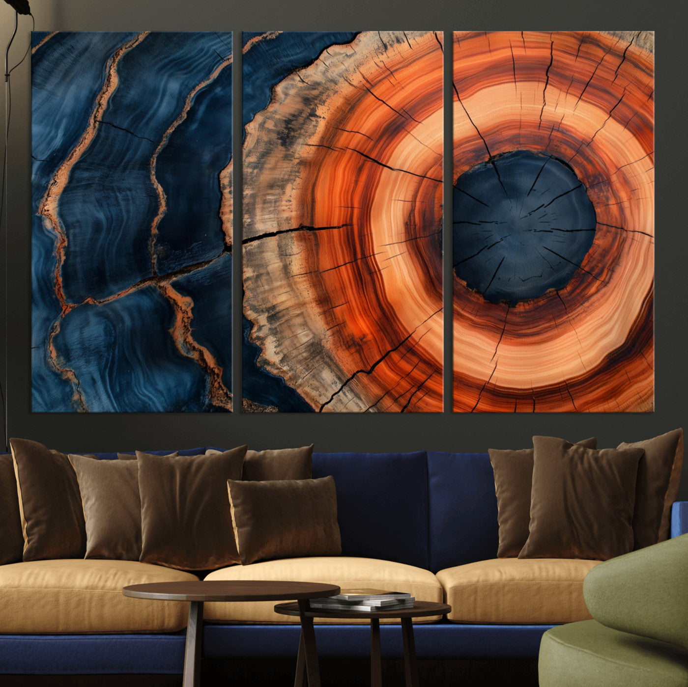 41123192-MGV-CV-36X24-Tree Ring Canvas Wall Art – Abstract Blue Orange Wood Grain Print, Rustic Modern Nature Artwork for Living Room, Bedroom, Office