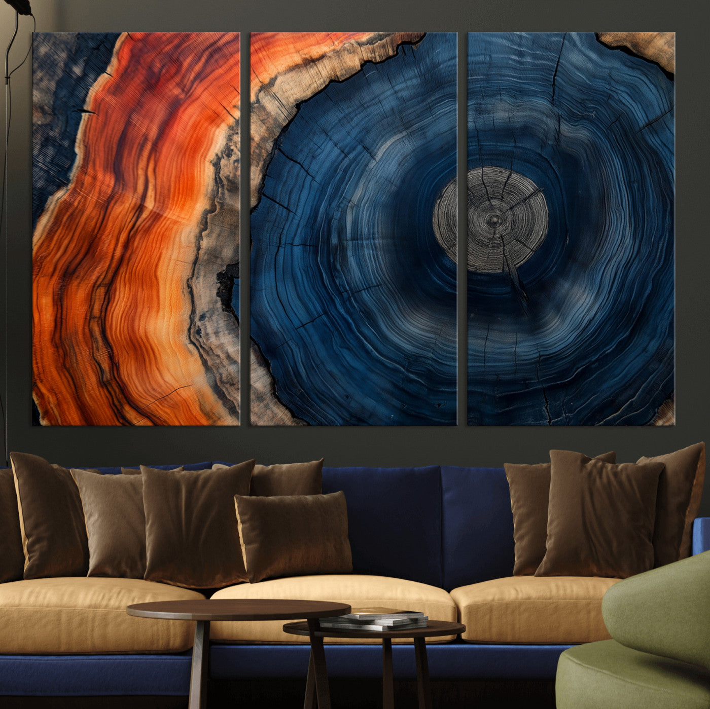 99491700-MGV-CV-36X24-Tree Ring Canvas Wall Art – Blue Orange Abstract Wood Grain Print, Rustic Modern Nature Artwork for Living Room, Office, Bedroom