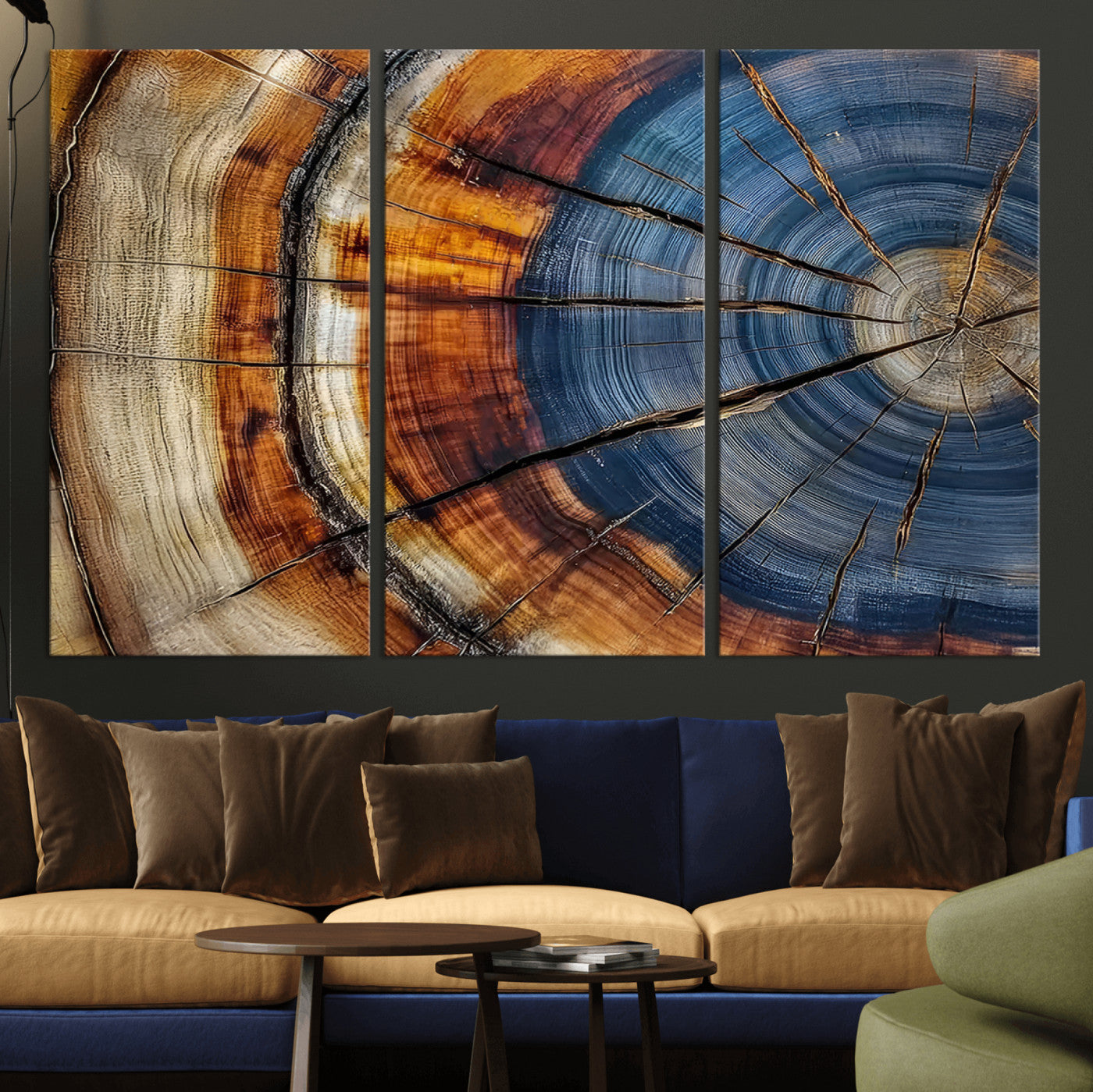 18032999-MGV-CV-36X24-Tree Ring Wall Art – Blue Brown Abstract Wood Slice Canvas Print, Rustic Modern Nature Decor for Living Room, Office, Bedroom or