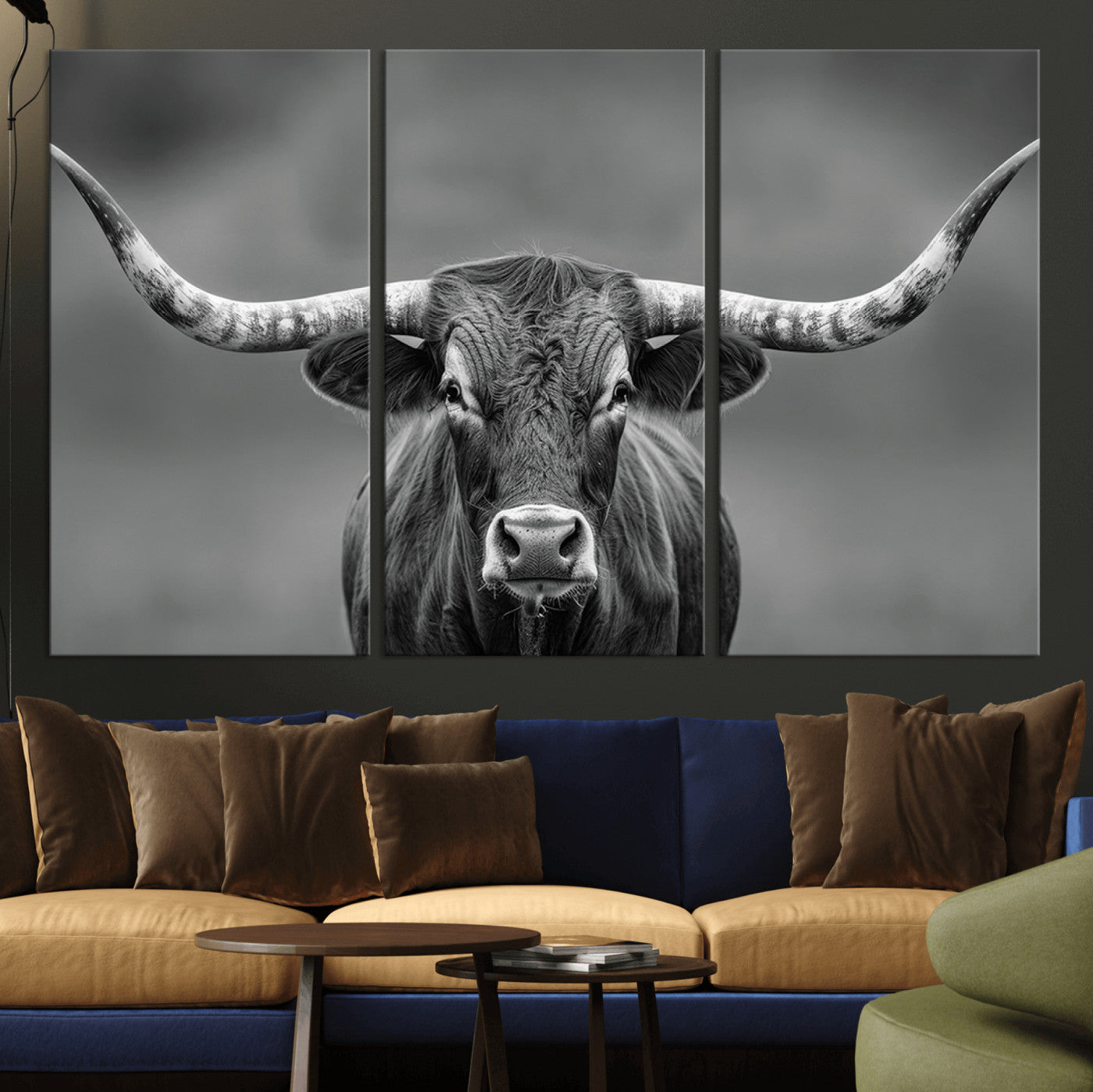 81228550-MGV-CV-36X24-Framed Texas Longhorn Bull Art Canvas Print, Western Bull Wall Art Print, Long Horn Bull Photo Print for Log Cabin, Large Bull