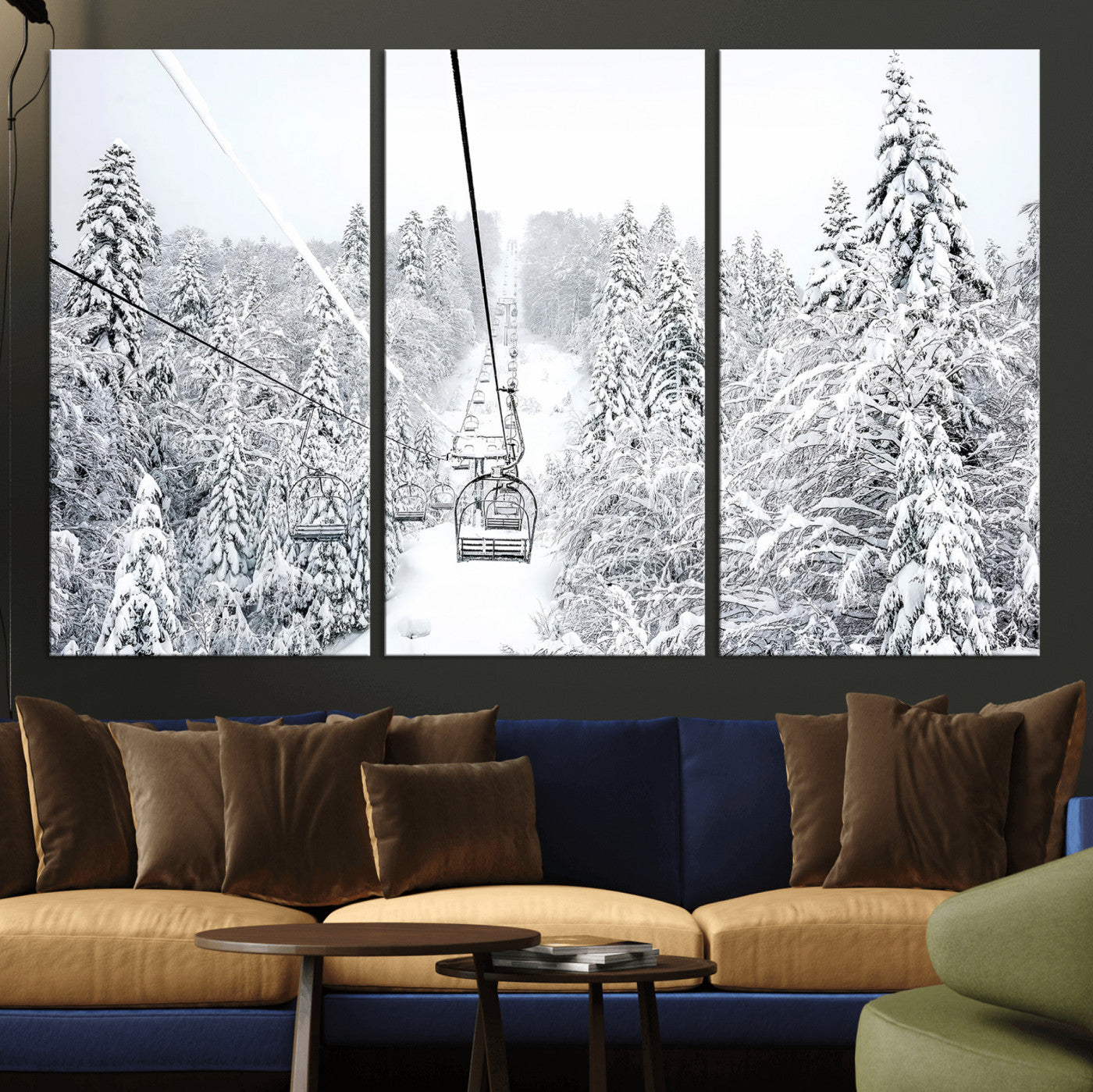 60296839-MGV-CV-36X24-Snowy Mountains Wall Art Canvas Print, Framed Ski Lift Art Picture Print, Winter Forest Perfect Winter Minimalist Decor Artwork