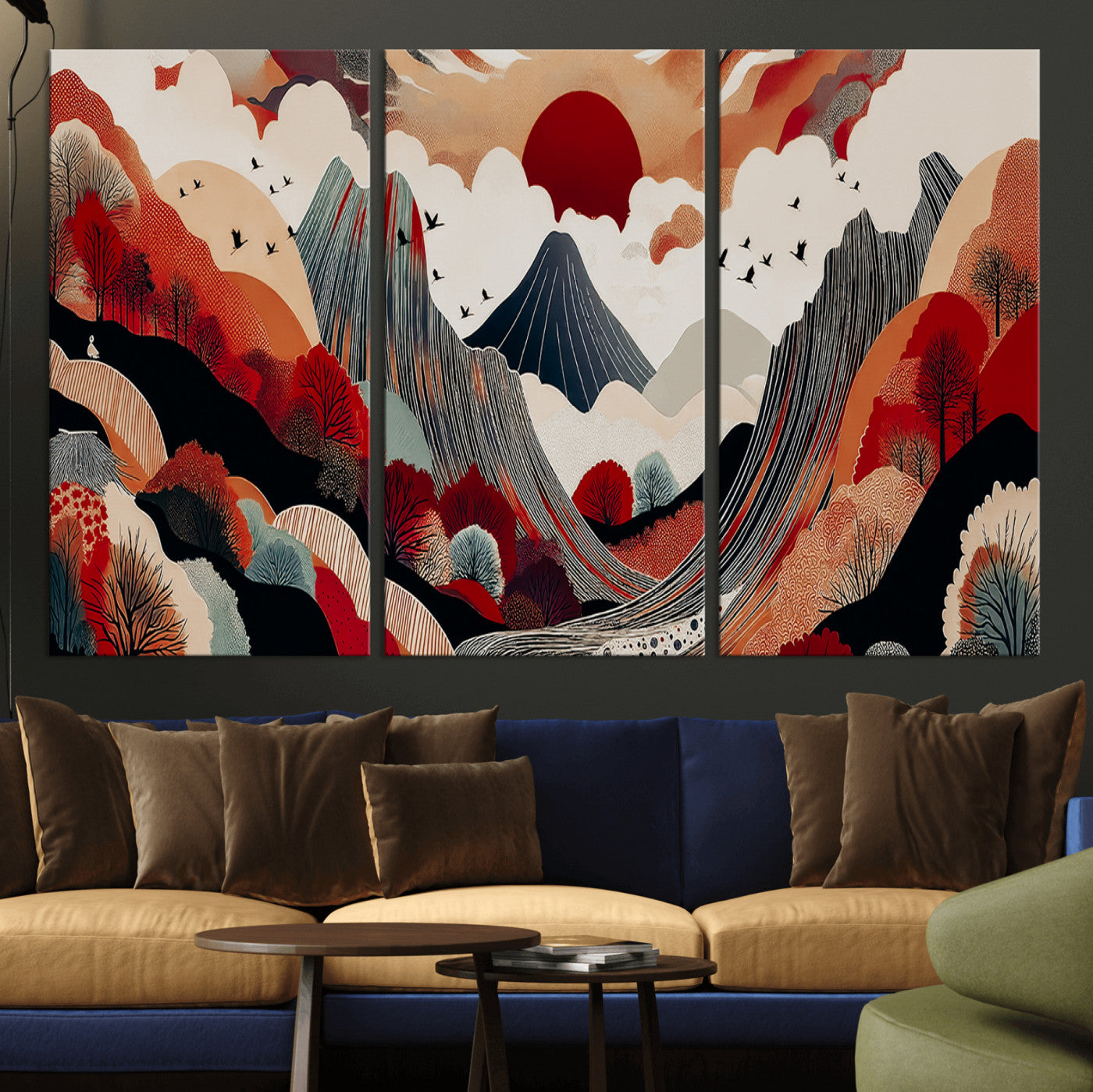 59495752-MGV-CV-36X24-Abstract Mountain Wall Art Canvas Print, Framed Vibrant Landscape Art Picture Print, Nature Drawing Perfect Contemporary