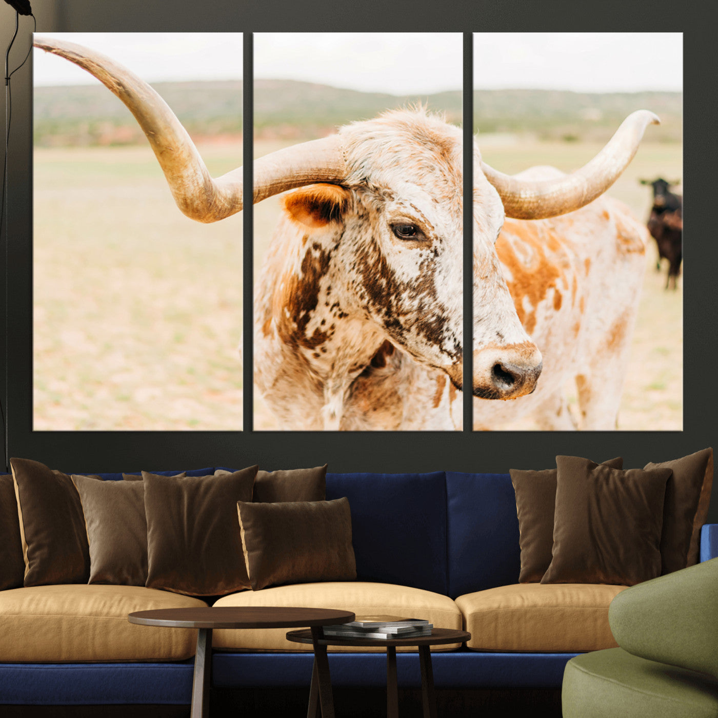21060648-MGV-CV-36X24-Texas Longhorn Wall Art Canvas Print, Framed Speckled Cow Art Picture Print, Rustic Bull Perfect Rustic Western Decor Artwork
